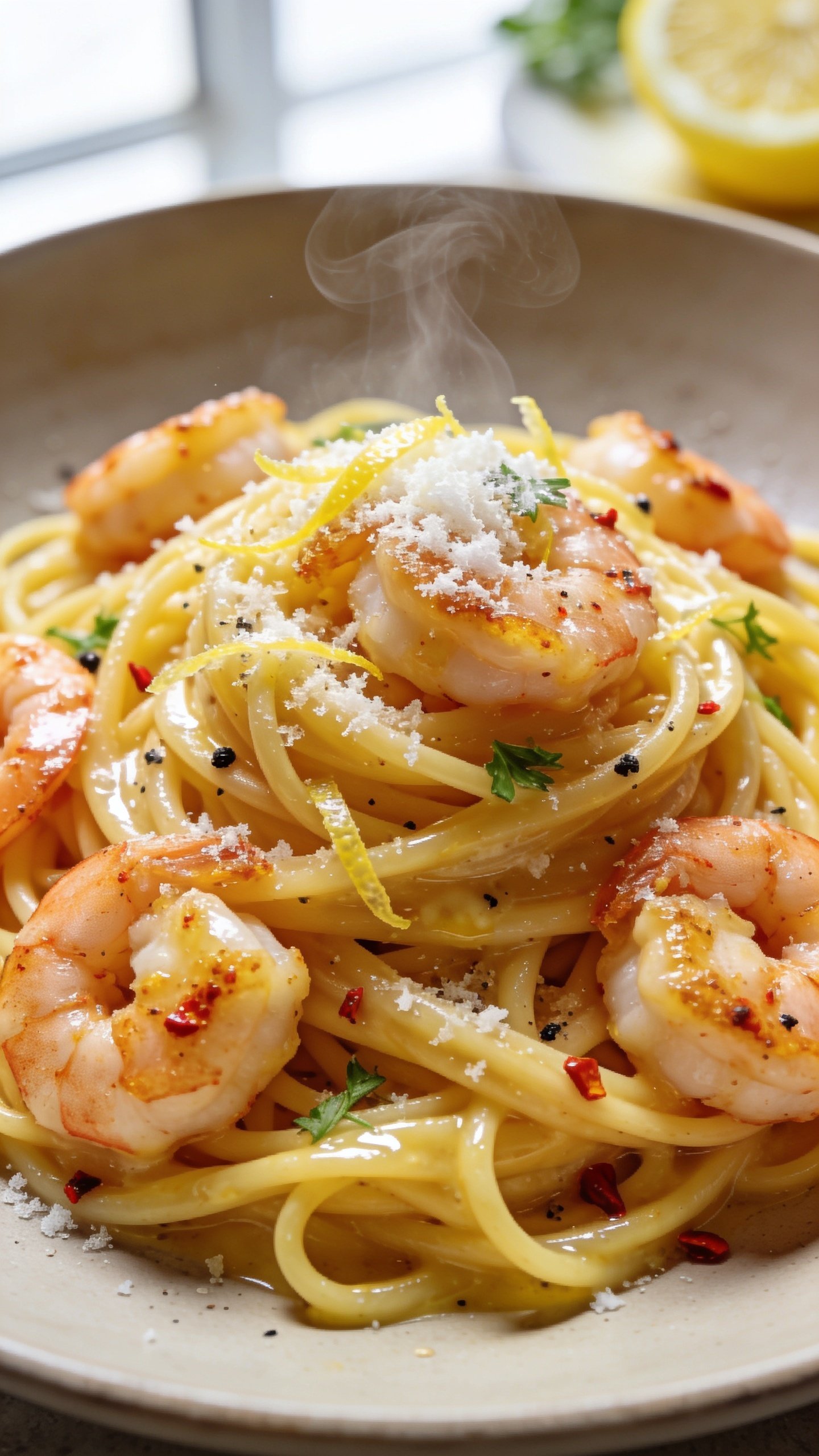 Extreme close-up hero shot of High Protein Garlic Parmesan Shrimp Pasta: al dente linguine slicked in glossy garlic-butter and starchy pasta water emulsion, generously coated with finely grated Parmesan that’s just beginning to melt into the sauce; plump, seared shrimp with light golden edges and a faint paprika-chili tint nestled throughout; micro-grated lemon zest shimmering on the noodles, a squeeze of lemon reflected in subtle sheen; flecks of freshly cracked black pepper, thinly sliced parsley, and a few red pepper flakes visible; a light dusting of extra-fine Parmesan on top and a delicate swirl of steam rising; shot in bright natural window light, shallow depth of field, on a neutral matte plate with minimal props blurred in the background, food filling 90–95% of frame, rich textures and vibrant warm tones, premium food-blog styling.
