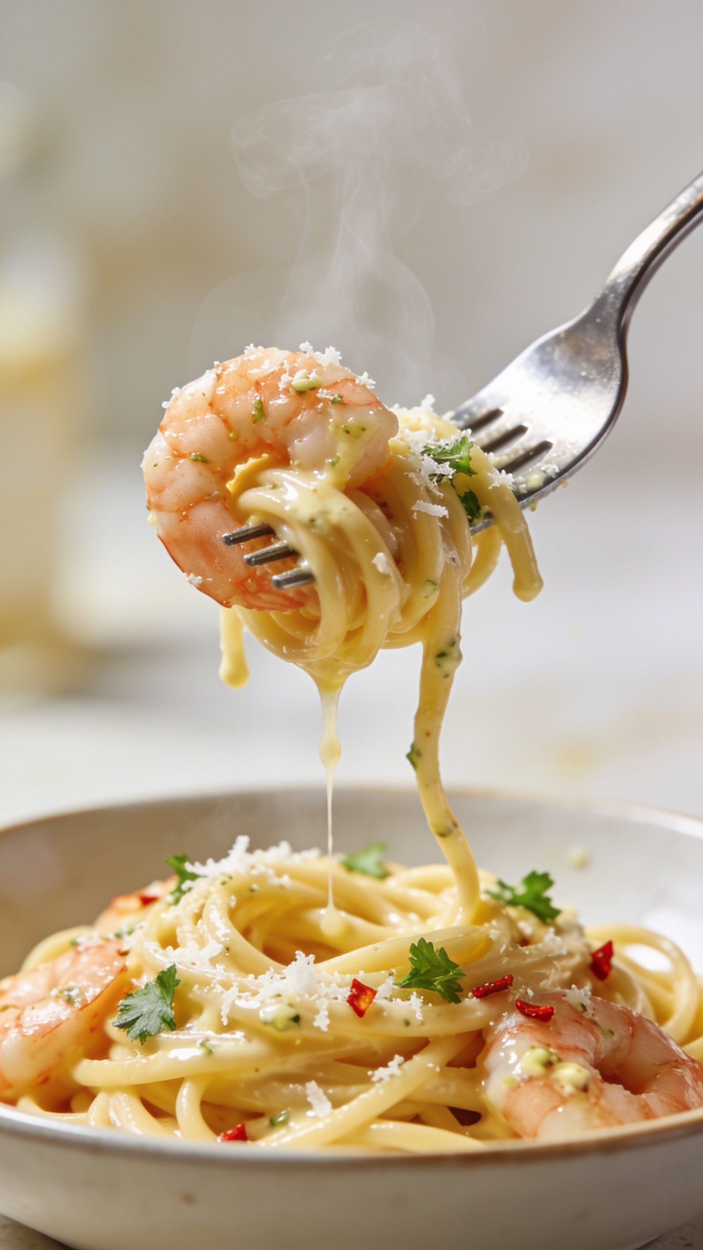 Dynamic action close-up: a polished fork lifting the perfect bite of the same Garlic Parmesan Shrimp Pasta one inch above the bowl—twirl of glossy linguine wrapped around the tines, one succulent shrimp perched on the fork, strands dripping with buttery garlic-Parmesan emulsion; micro-grated Parmesan clinging and a few fresh parsley bits and red pepper flakes dotting the noodles; visible steam gently curling upward; a faint thread of sauce stretching from the fork back to the plate, capturing motion; bright natural side light, shallow depth of field, background blurred to creamy bokeh, no hands visible, food filling 90–95% of the frame, irresistible sheen and magazine-cover anticipation.