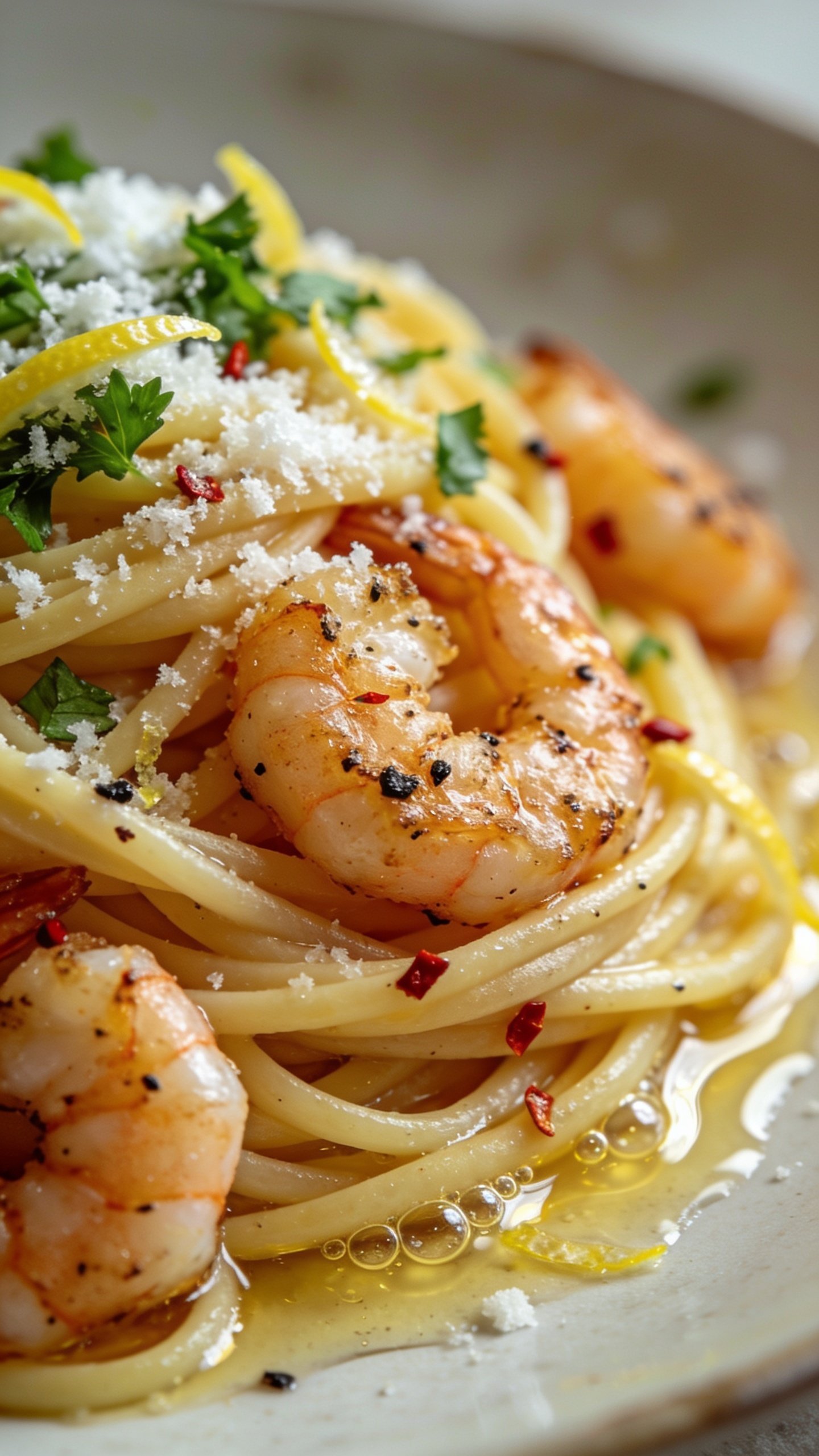 Macro side-angle close-up of the plated dish from a different angle: tight focus on a nest of linguine with visible emulsified gloss pooling lightly at the base, golden-seared shrimp arranged naturally through the pasta, speckles of black pepper and red chili flakes, fresh chopped parsley, and ultra-fine snow of Parmesan settling over the noodles; tiny bubbles of butter emulsion catching light, lemon zest glinting; soft natural daylight, shallow depth of field with foreground noodles tack-sharp and background melt-away blur; neutral plate and minimal surface, food dominating 90–95% of the frame, rich textures and fresh, vibrant colors consistent with the other images.