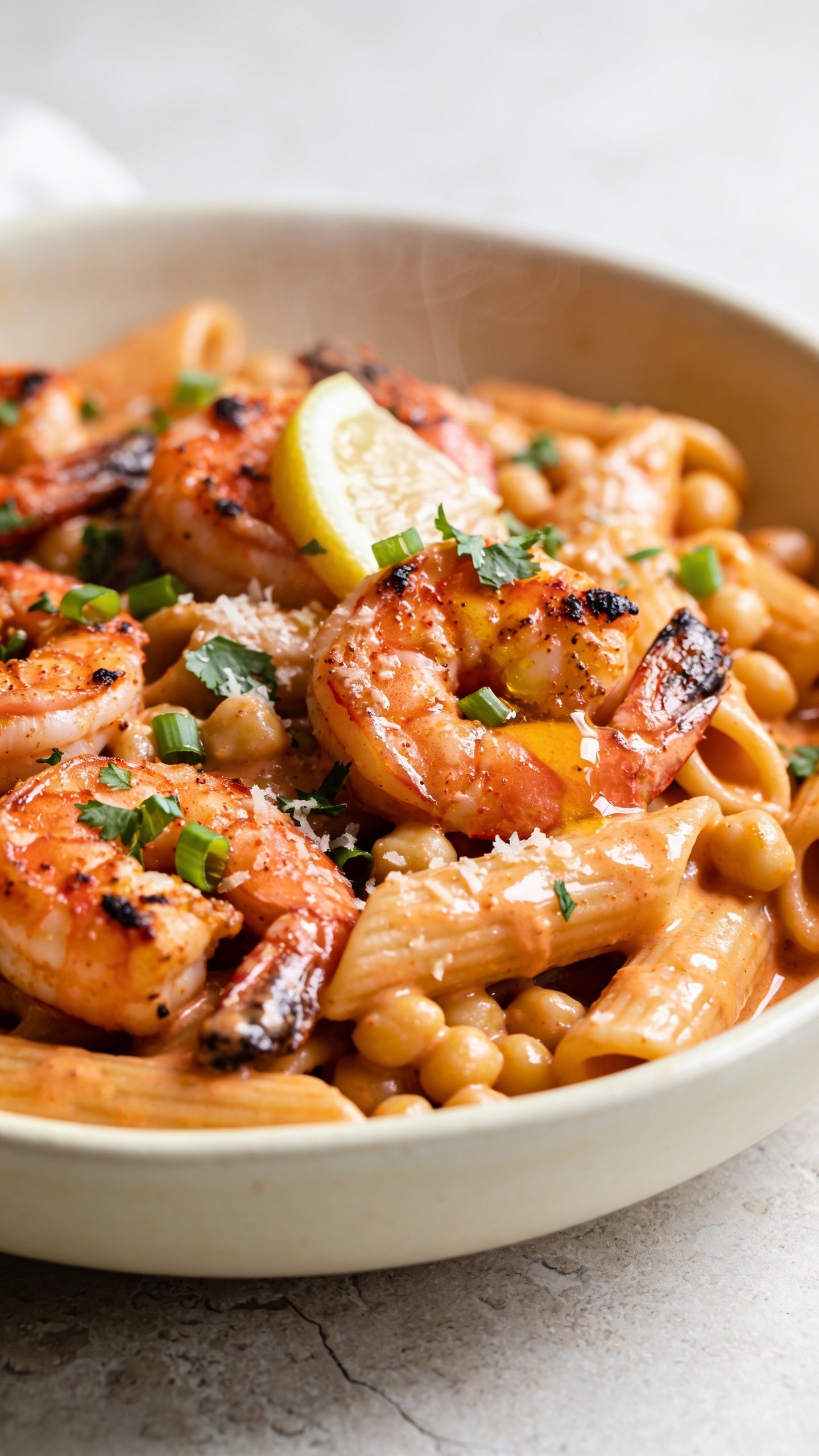 Ultra-close hero shot of High Protein Cajun Shrimp Pasta: al dente chickpea/high-protein penne swirled in a glossy, creamy Cajun sauce with a light orangey-red hue, plump char-kissed shrimp dusted with paprika and blackened edges, thinly sliced green onions and finely grated Parmesan melting into the sauce, a squeeze-gloss of lemon sheen on a few shrimp, and a sprinkle of chopped flat-leaf parsley. Food fills 90â95% of frame in a shallow cream ceramic bowl set on a neutral light stone surface. Bright natural side light, shallow depth of field, creamy highlights on sauce, steam faintly rising, no text, no hands, premium food-blog styling.