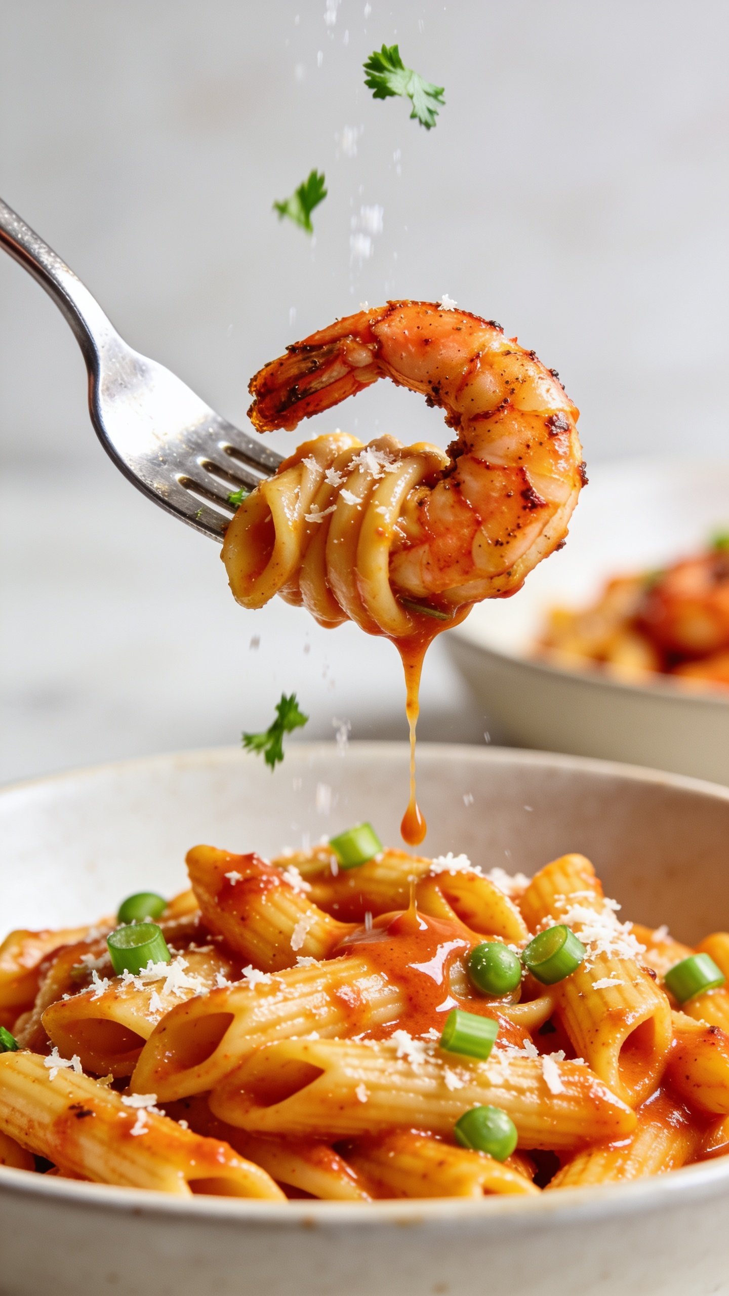 Dynamic action close-up: a polished fork lifting the perfect bite of Cajun shrimp pasta one inch above the bowlâone large spiced shrimp curled atop twirled penne coated in silky orange-red creamy Cajun sauce, tiny rivulets of glossy sauce slowly dripping back into the bowl. Micro-grated Parmesan flecks and green onion rounds cling to the pasta; a few parsley bits mid-fall are frozen in motion. Background bowl remains slightly blurred but clearly the same dish. Bright natural lighting, shallow depth of field, 90â95% frame filled with food, no hands or faces, mouthwatering movement and anticipation.
