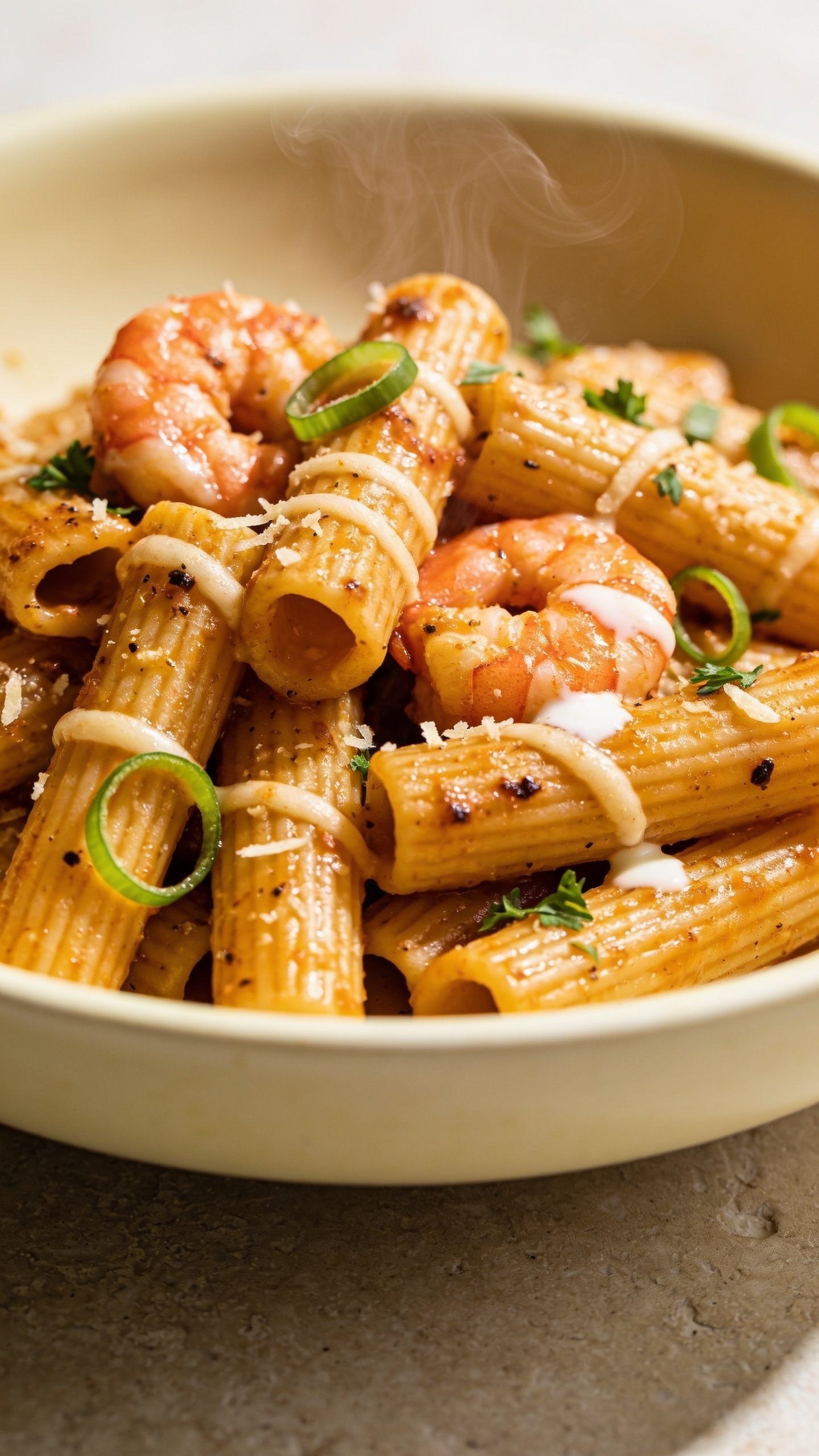 Extreme close-up from a low 3/4 angle of the same finished pasta: focus on a cluster of penne showing sauce-lacquered ridges, charred-spice speckles, and a couple of plump shrimp nestled between noodles; melted Parmesan striations and tiny yogurt-cream gloss pooling in crevices; fresh green onion rings and parsley scattered for contrast; a faint curl of steam rising. Served in the same shallow cream bowl on the same neutral light stone surface. Bright natural lighting, shallow depth of field, rich textures emphasized, food filling 90â95% of the frame, cohesive with the hero and action shots.