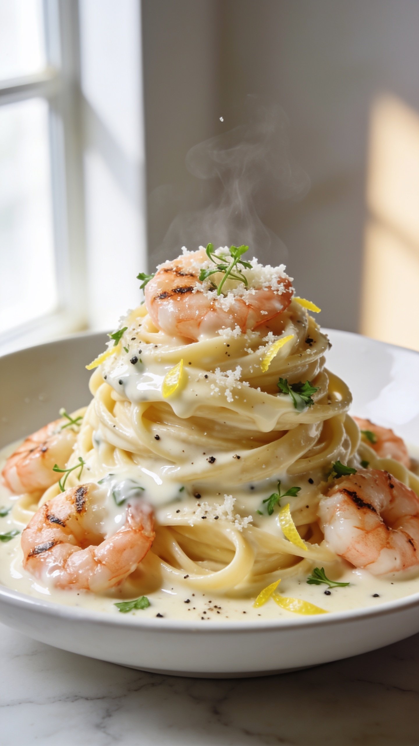 Extreme close-up hero shot of High Protein Shrimp Alfredo: al dente fettuccine swirled into a tall nest, coated in glossy, silky light Alfredo sauce made with Greek yogurt and light cream, topped with plump pink shrimp with light sear marks, freshly grated Parmesan melting into the sauce, micro-chopped parsley and cracked black pepper sprinkled over, a few lemon zest flecks for brightness. Sauce clings to each strand with gentle sheen, tiny steam wisps rising. Plated in a wide shallow white bowl on a light marble surface. Bright natural window light from the left, soft bounce on the right, shallow depth of field with the pasta mound and shrimp in tack-sharp focus, background softly blurred. Premium food-blog styling, 90–95% frame filled with food.