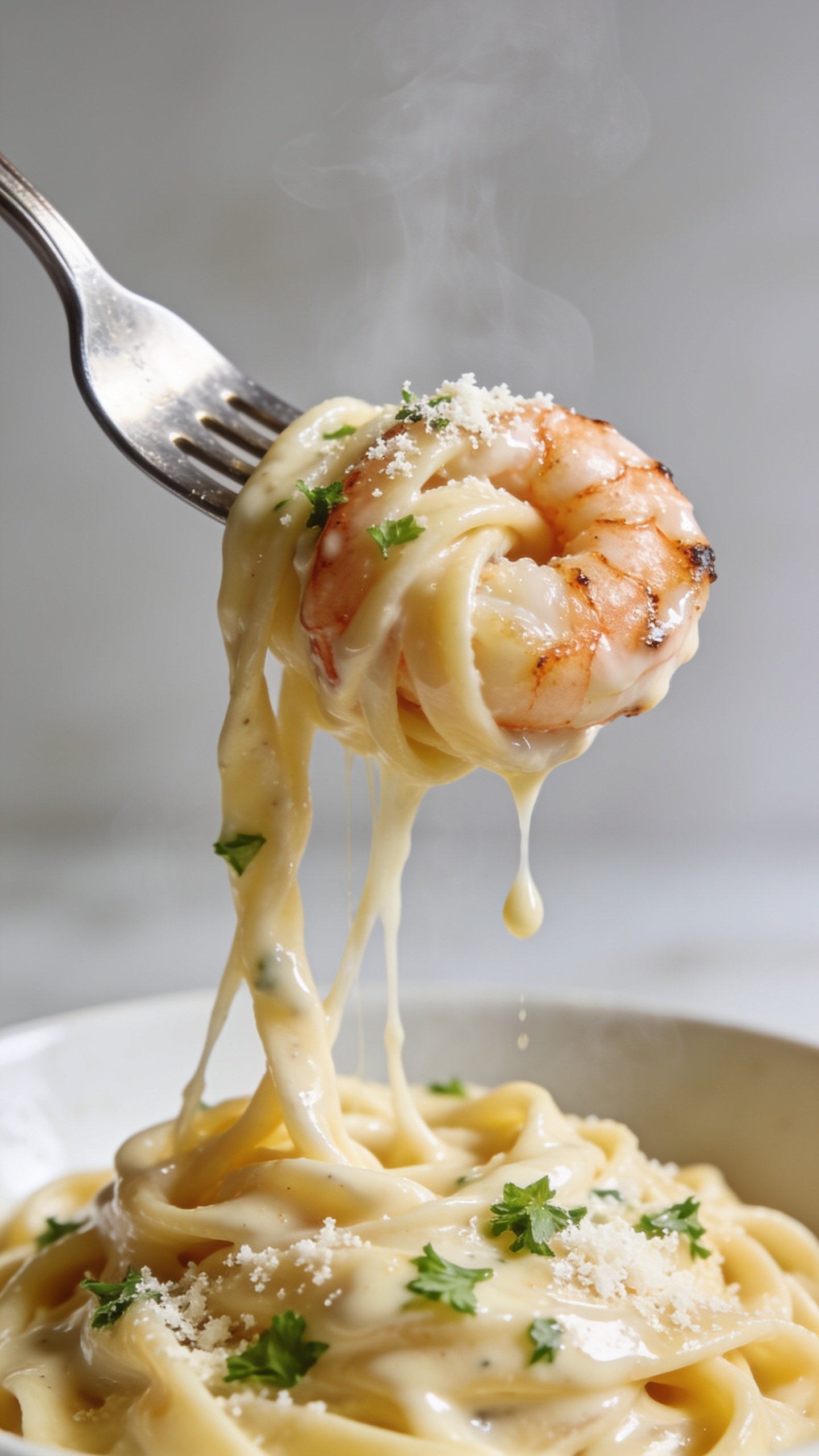 Dynamic action close-up: a polished fork lifting the perfect bite of High Protein Shrimp Alfredo one second before it reaches the mouth—two sauce-glossed fettuccine strands twirled around the fork with a single seared shrimp nestled against them, strings of creamy Alfredo stretching delicately from the fork back to the bowl. Minute flecks of fresh parsley and grated Parmesan dusting the lifted bite, a few droplets of glossy sauce mid-drip. Steam subtly rising, bright natural side light, shallow depth of field focusing on the lifted bite, the rest of the pasta mound blurred but clearly identical to the hero dish. No hands visible, only the fork and food. 90–95% frame filled with food.