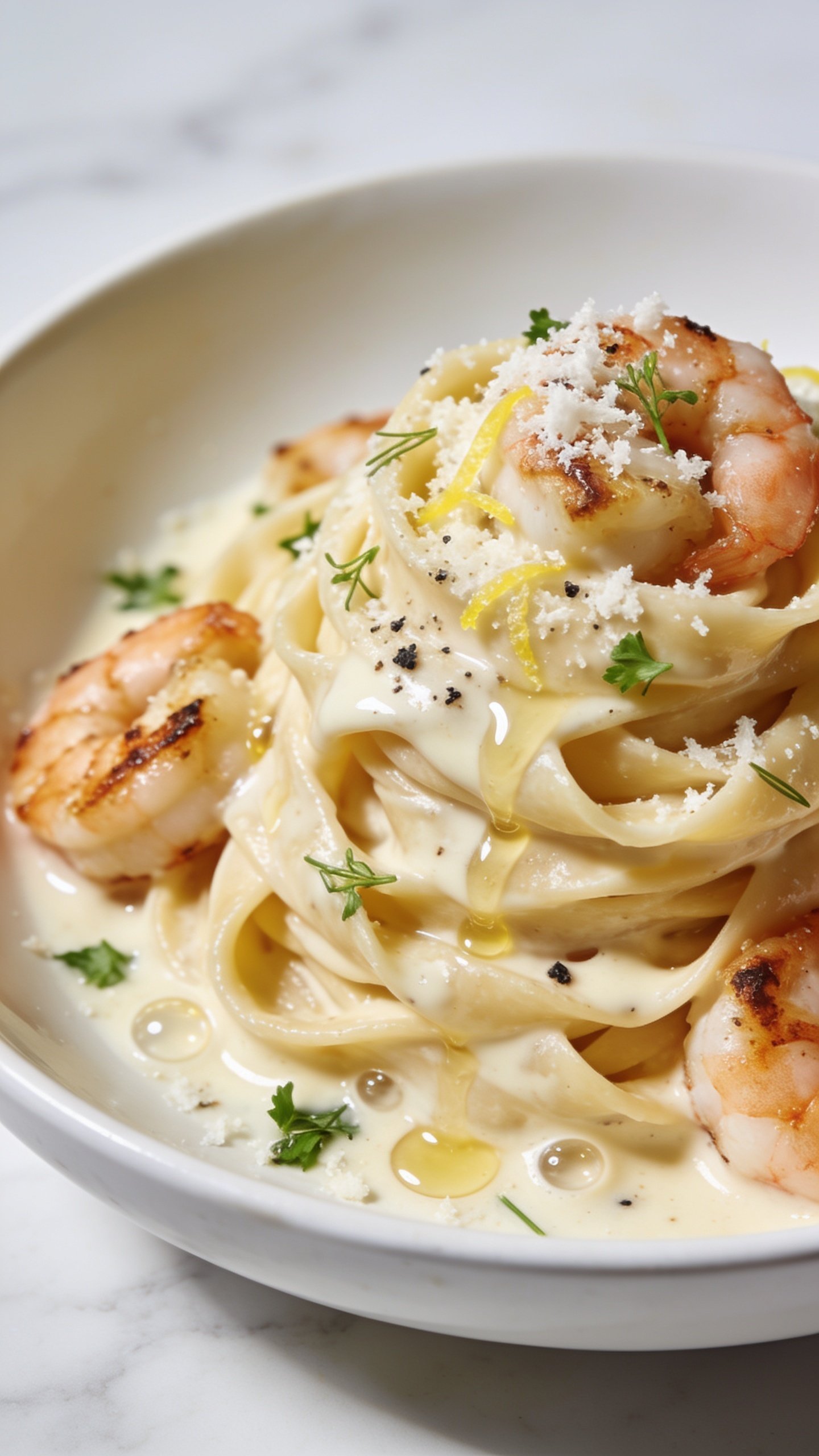 Ultra-close macro angle from slightly overhead and to the side, emphasizing textures: fettuccine ribbons layered and sauced, with creamy Alfredo pooling silkily in the curves, seared shrimp nestled throughout showing light caramelized edges, freshly grated Parmesan visibly melting into tiny glossy rivulets, micro parsley scattered, a twist of cracked black pepper and a whisper of lemon zest adding contrast. A few tiny sauce bubbles and sheen highlight richness while maintaining a light, bright look. Same white shallow bowl on light marble, bright natural lighting, shallow depth of field isolating the front quadrant of the pasta mound; 90–95% of the frame is food, consistent with the hero image.
