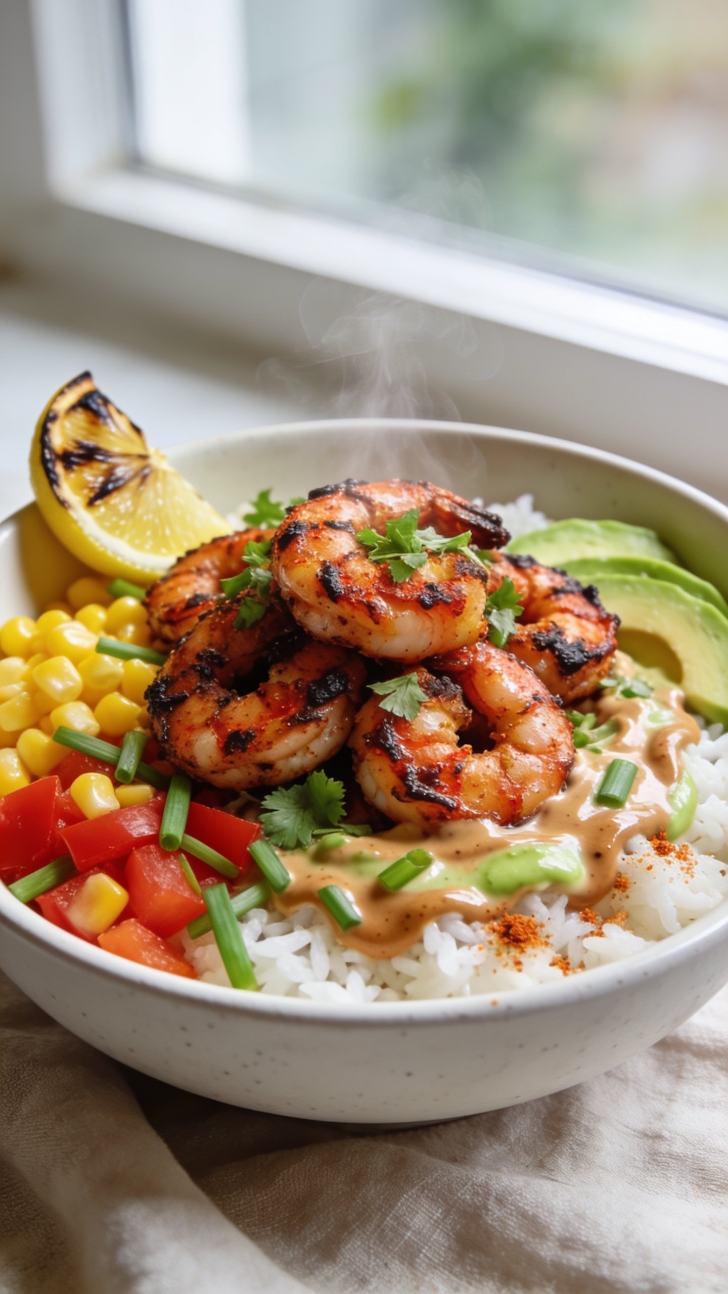 Ultra-close hero shot of a High Protein Cajun Shrimp Rice Bowl: blackened Cajun shrimp with light char and glossy paprika-red seasoning, piled over fluffy white rice, surrounded by crisp colorful veggies—bright corn kernels, diced red bell pepper, thin-sliced green onions, and cool avocado slices—finished with a drizzle of creamy chipotle-lime yogurt sauce and a sprinkle of fresh chopped cilantro. Include a charred lemon wedge on the rim of the bowl and a light scatter of Cajun spice on the rice. Shot in bright natural window light, shallow depth of field, 90–95% frame filled with food, premium food-blog styling on a matte white ceramic bowl with a neutral linen backdrop and subtle steam rising from the shrimp.