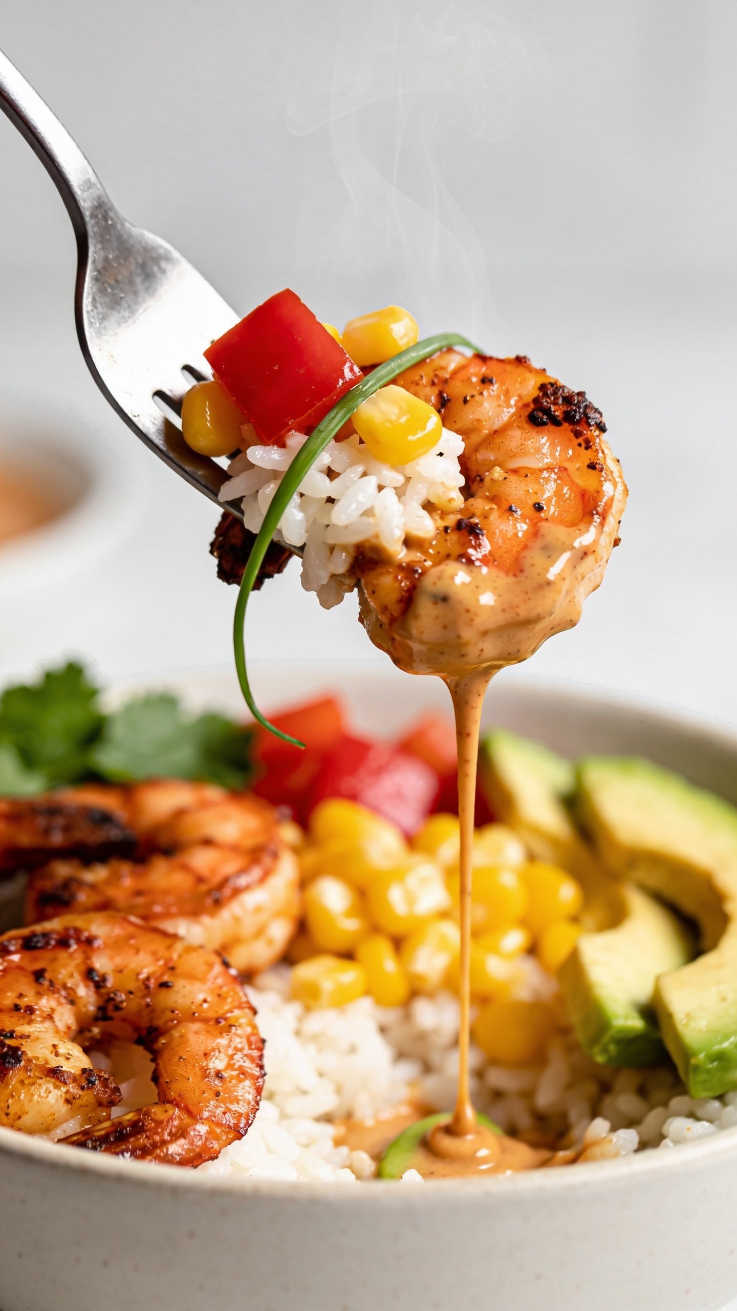 Dynamic action close-up capturing the most irresistible bite: a fork lifting the perfect mouthful from the Cajun Shrimp Rice Bowl—one plump, glossy Cajun-seared shrimp with visible spice crust, a tuft of fluffy white rice clinging to it, a few kernels of golden corn, a ruby cube of red pepper, and a thin ribbon of green onion—trailing a slow drip of creamy chipotle-lime sauce back to the bowl. Background shows the remaining shrimp, avocado slices, and cilantro blur-soft with shallow depth of field. Bright natural lighting, vivid colors, slight steam rising, no hands visible, food filling 90–95% of the frame.