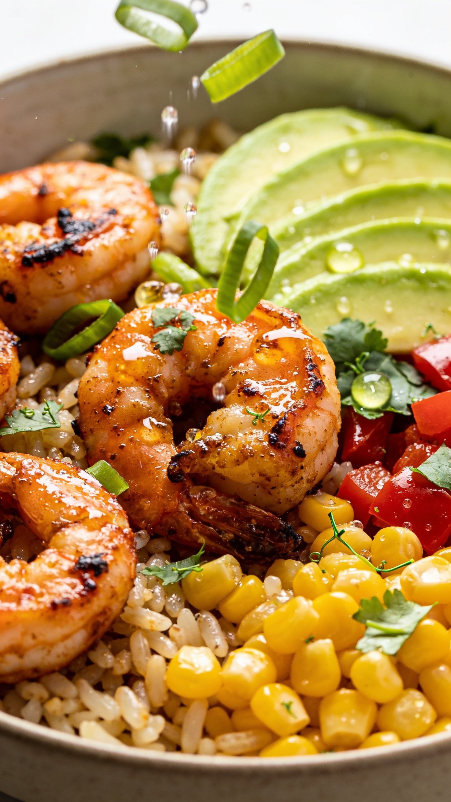 Extreme close-up from a low angle emphasizing texture and color: a tight crop of the same Cajun Shrimp Rice Bowl focusing on the shrimp’s charred edges and glossy spice, plump grains of rice, juicy corn, diced red pepper, and creamy avocado fan, with fresh cilantro leaves scattered and micro-beads of lime juice glistening. A delicate final rain of thin-sliced green onions is frozen mid-fall over the bowl. Bright natural light, shallow depth of field, rich contrast, 90–95% frame filled with food, cohesive styling matching the first two images.
