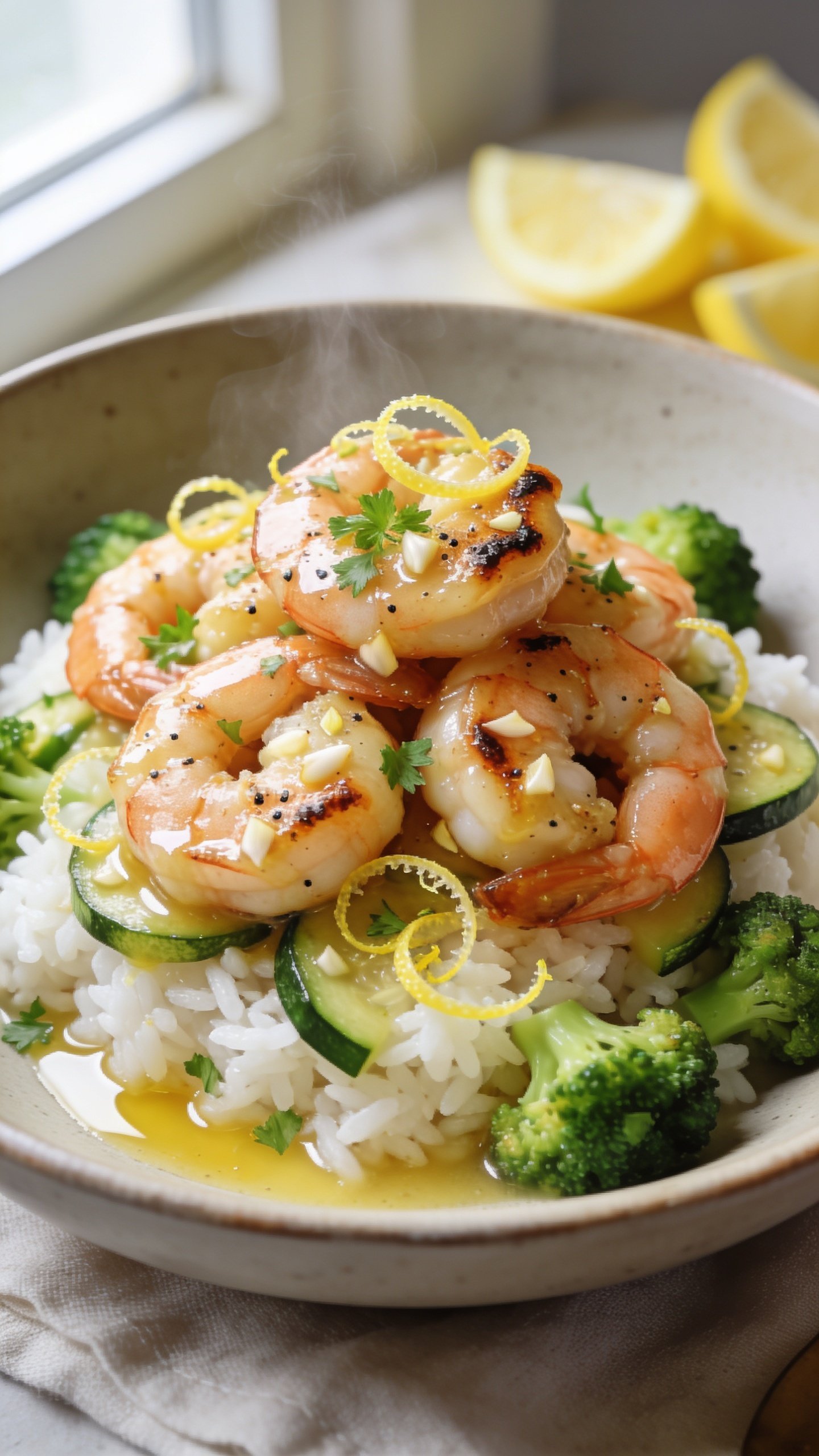 Ultra-close hero shot of a High Protein Garlic Butter Shrimp Bowl: plump, seared shrimp glazed in glossy garlic butter piled over fluffy white rice with sautĂŠed zucchini and broccoli florets, garnished with finely chopped fresh parsley and microplane lemon zest curls, a light lemon-butter sheen pooling at the base. Bright natural window light from the left, shallow depth of field, 90â95% frame filled with the bowl; focus on the shrimpâs caramelized edges, visible flecks of black pepper and minced garlic, steam gently rising. Neutral matte ceramic bowl on a light linen with a few lemon wedges blurred in the background; vibrant greens and citrusy highlights, premium food-blog styling.