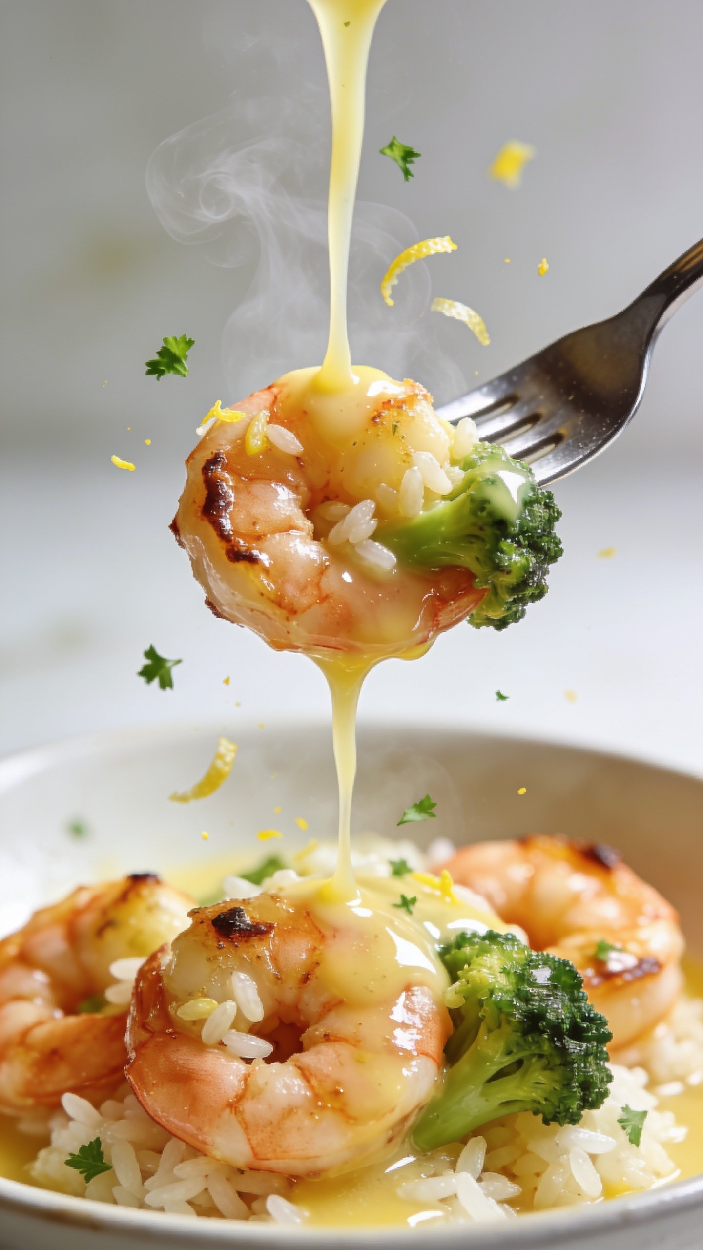 Dynamic action close-up: a fork lifting the perfect bite from the same bowlâtwo glossy garlic-butter shrimp with a few grains of rice and a tender broccoli floret clinging to the lemony butter sauce. Garlic butter visibly drips in a slow ribbon back into the bowl, tiny parsley confetti and lemon zest specks catching the light; micro steam curls rise from the bite. Bright natural light, ultra-shallow depth of field, 90â95% frame filled with food, no hands visible, only the fork tip and the lifted bite in crisp focus; background shows the rest of the shrimp bowl blurred, glistening sauce and caramelized edges emphasized.