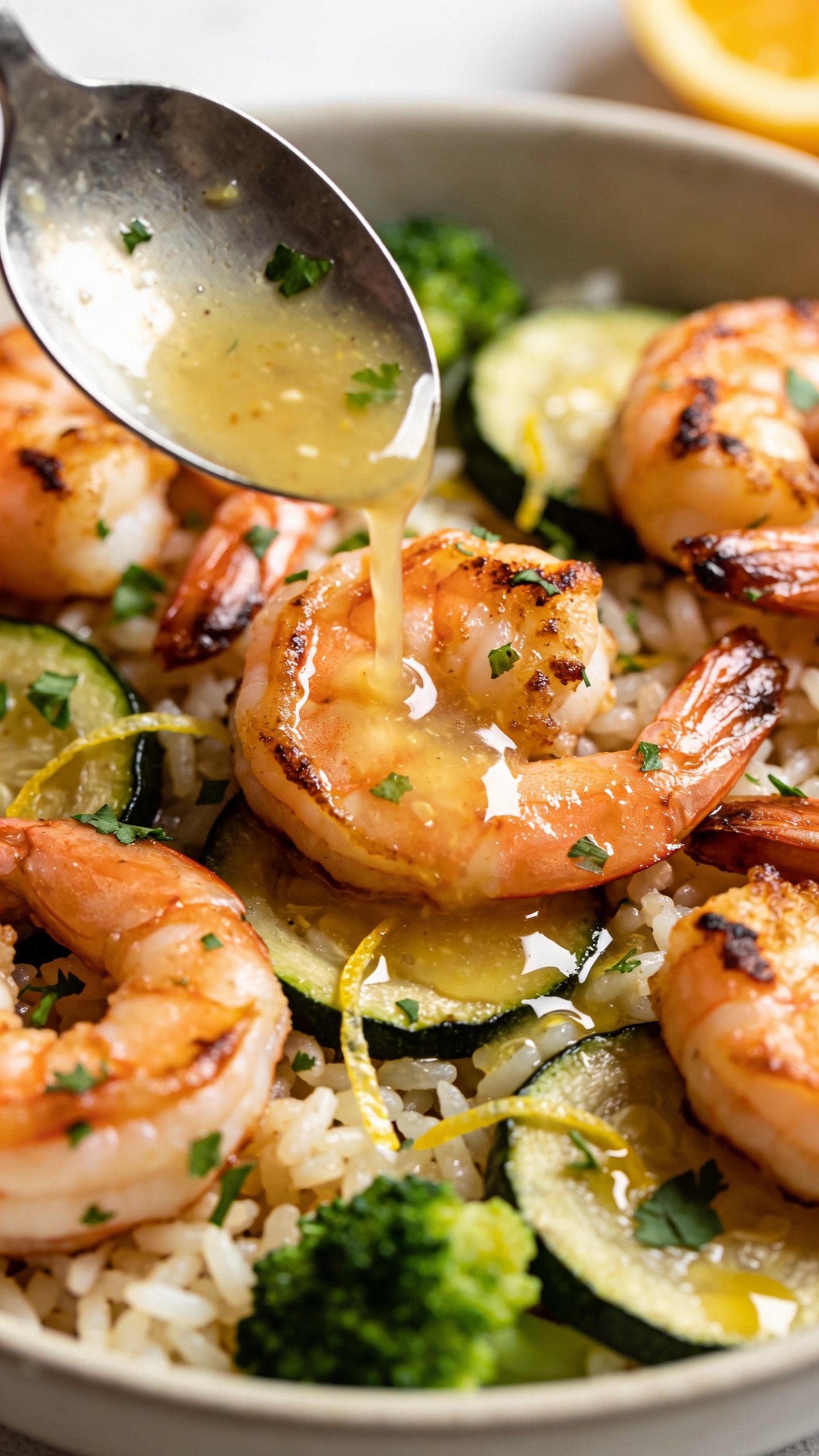 Tight macro angle from slightly overhead: the same finished shrimp bowl with the garlic-butter sauce freshly spooned over the shrimp, creating glossy highlights across seared surfaces. Rice peeks through under the shrimp, zucchini coins and small broccoli florets nestled around, shower of chopped parsley just settled, lemon zest threads scattered. Hot, glistening butter pooling in small glossy puddles between grains of rice; a warm citrus slice blurred at the rim. Bright natural lighting, shallow depth of field, 90â95% frame filled with the bowl; textures prioritizedâcrisped shrimp edges, moist rice, vibrant green veg, and shimmering sauce.