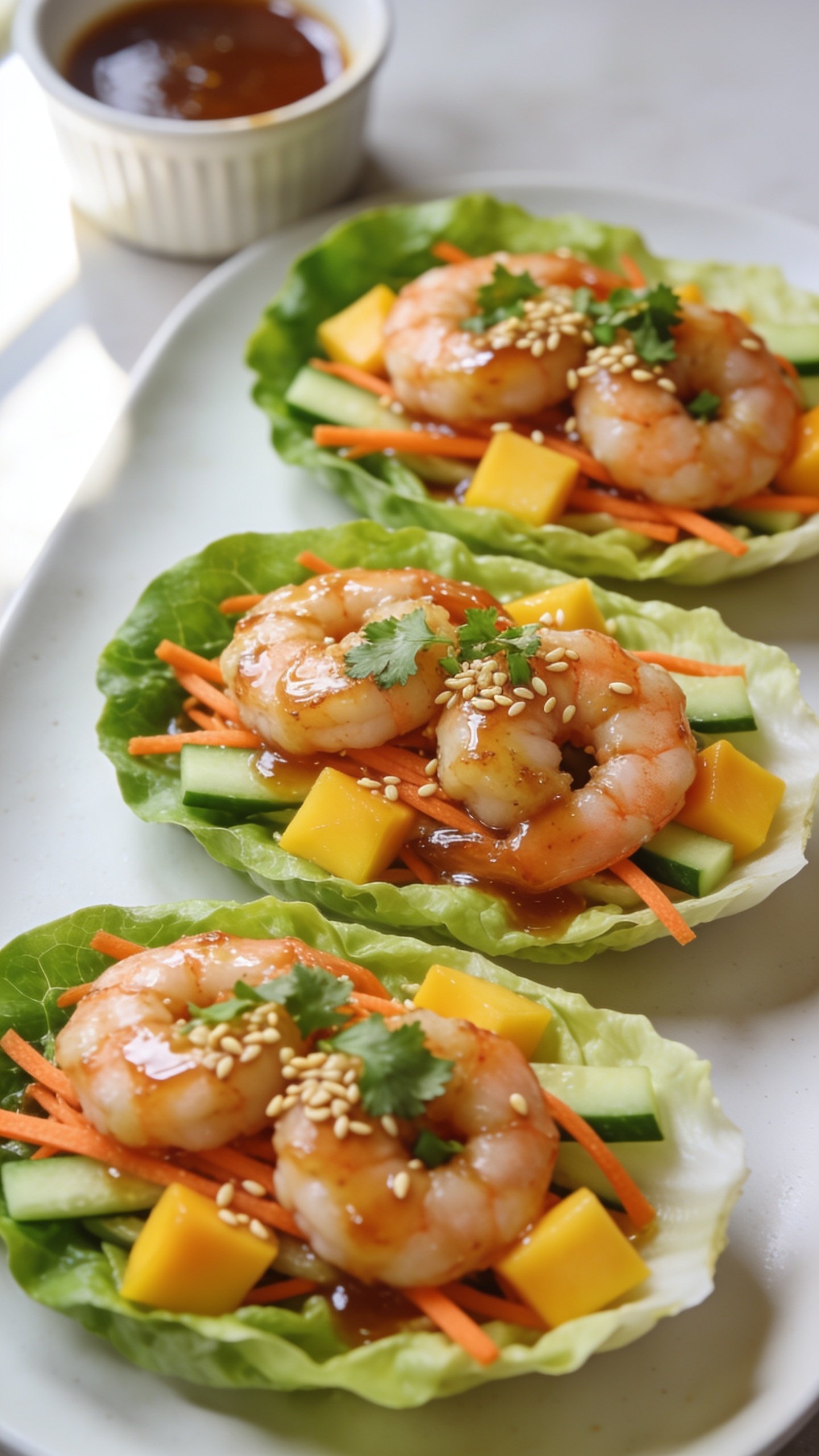 Ultra-close, premium food-blog hero shot of high protein shrimp lettuce wraps: butter lettuce cups filled with glossy ginger-garlic shrimp, thin carrot ribbons, crisp cucumber matchsticks, diced ripe mango, and a sprinkle of chopped cilantro and toasted sesame seeds. A light sweet-heat glaze clings to the shrimp, pooling slightly in the lettuce cups for shine. Arrange 3 identical wraps in a staggered row on a matte white plate with a small ramekin of extra glaze blurred in the background. Bright natural window light from the left, shallow depth of field, vibrant greens and oranges popping against a clean neutral backdrop, food filling 90–95% of the frame, no text, no hands.