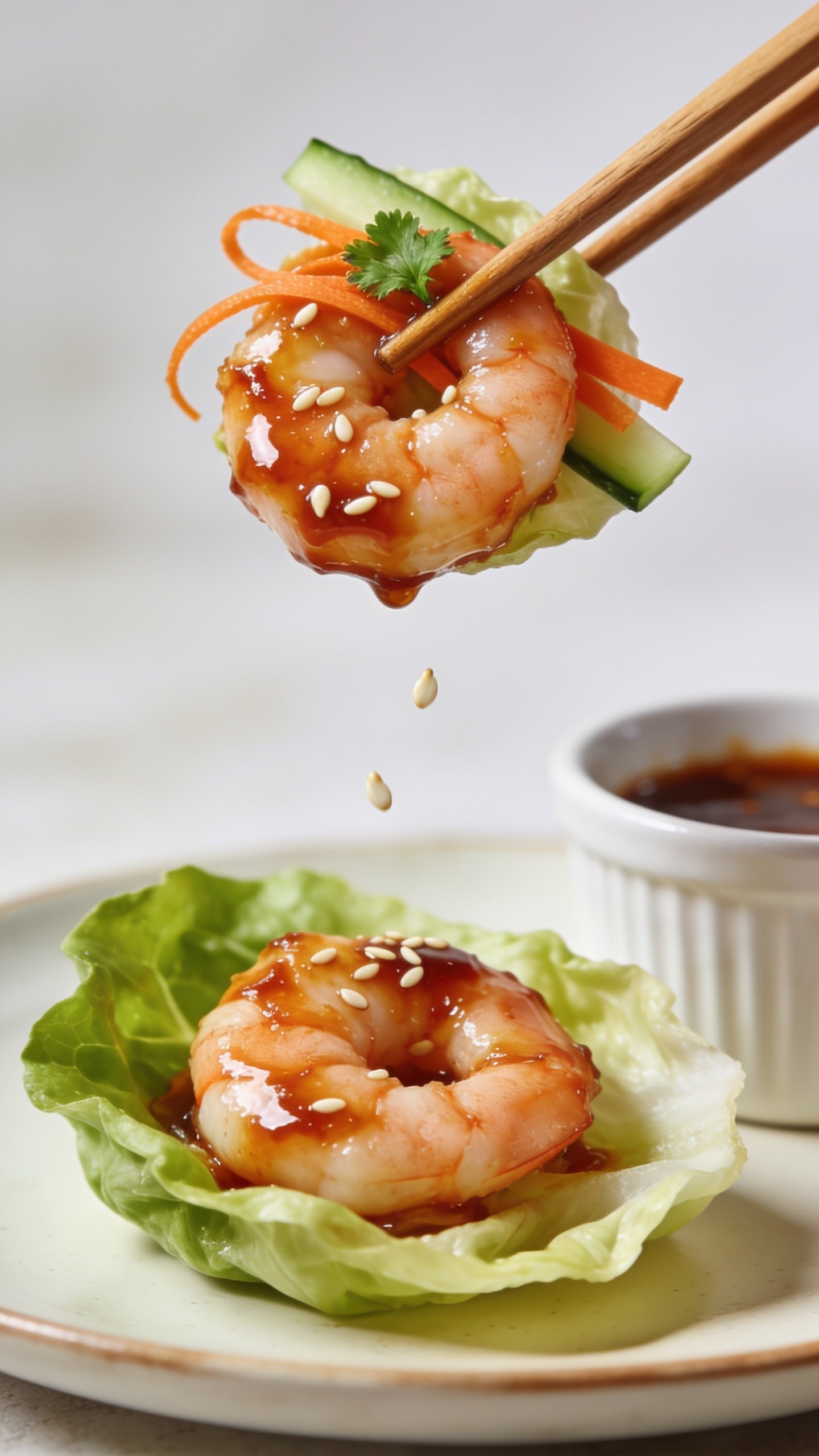 Dynamic action close-up capturing the irresistible bite: wooden chopsticks lifting one perfect bite from a shrimp lettuce wrap—one glossy shrimp coated in the sweet-heat glaze with a few sesame seeds clinging, plus a wisp of carrot ribbon and a sliver of cucumber, a tiny fleck of cilantro on top. The remaining wrap sits just below, visibly juicy with glaze sheen and a couple sesame seeds mid-fall frozen in the air. Bright natural light, shallow depth of field, food filling 90–95% of the frame, background softly blurred plate and ramekin of glaze, no hands or faces, only chopsticks visible.