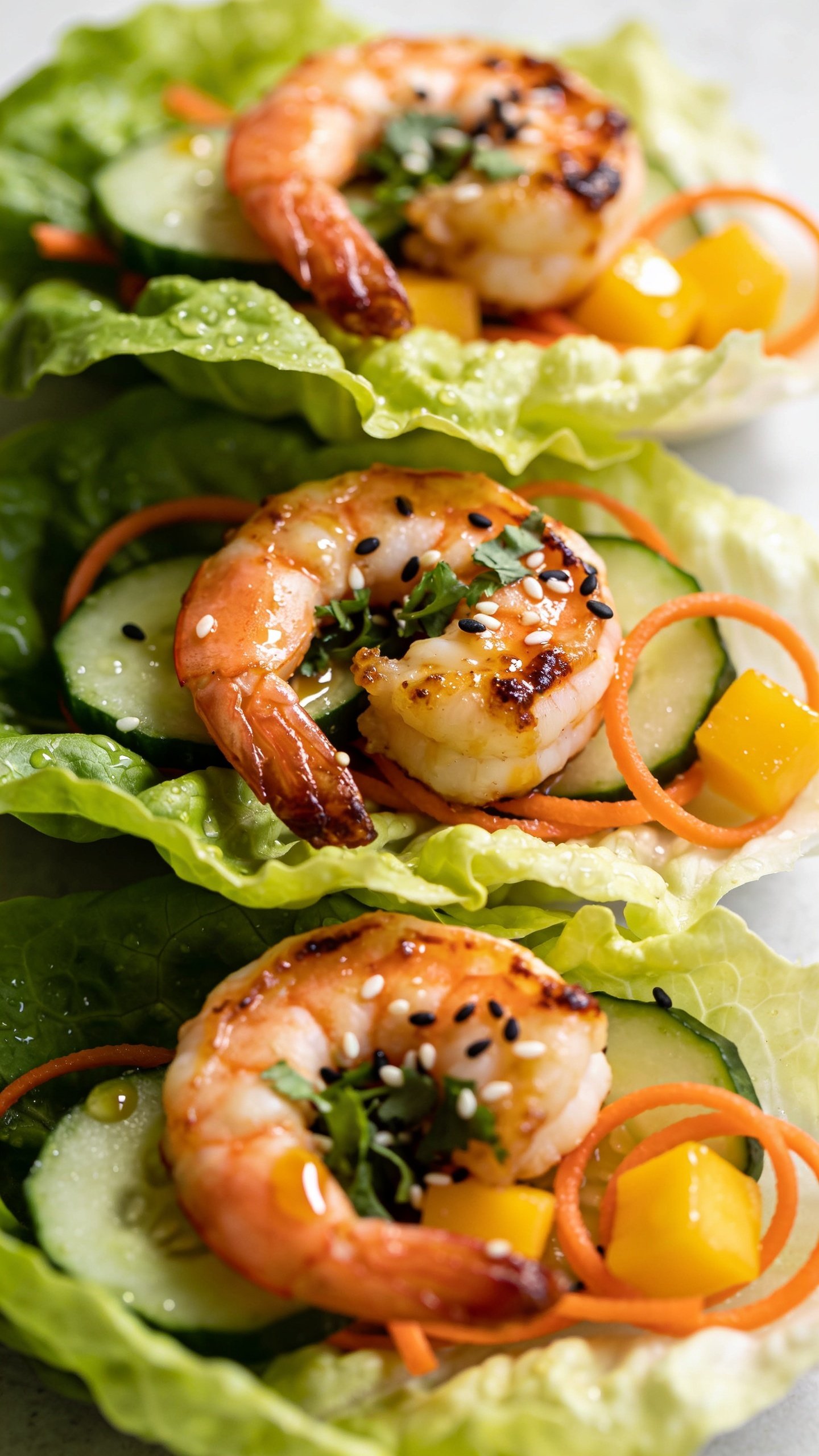 Tight macro angle from slightly overhead and to the side, focusing on texture: a trio of identical shrimp lettuce wraps nestled close, butter lettuce crisp and dewy, shrimp plump with caramelized edges and a lacquered ginger-garlic glaze, fine beads of moisture on cucumber, delicate carrot ribbons curling, small cubes of mango gleaming, and a final dusting of black and white sesame seeds with chopped cilantro. A light drizzle of extra glaze visible on one wrap for glossy highlights. Bright natural lighting, shallow depth of field, neutral surface, food filling 90–95% of the frame, consistent styling with the first two images, no text, no people.