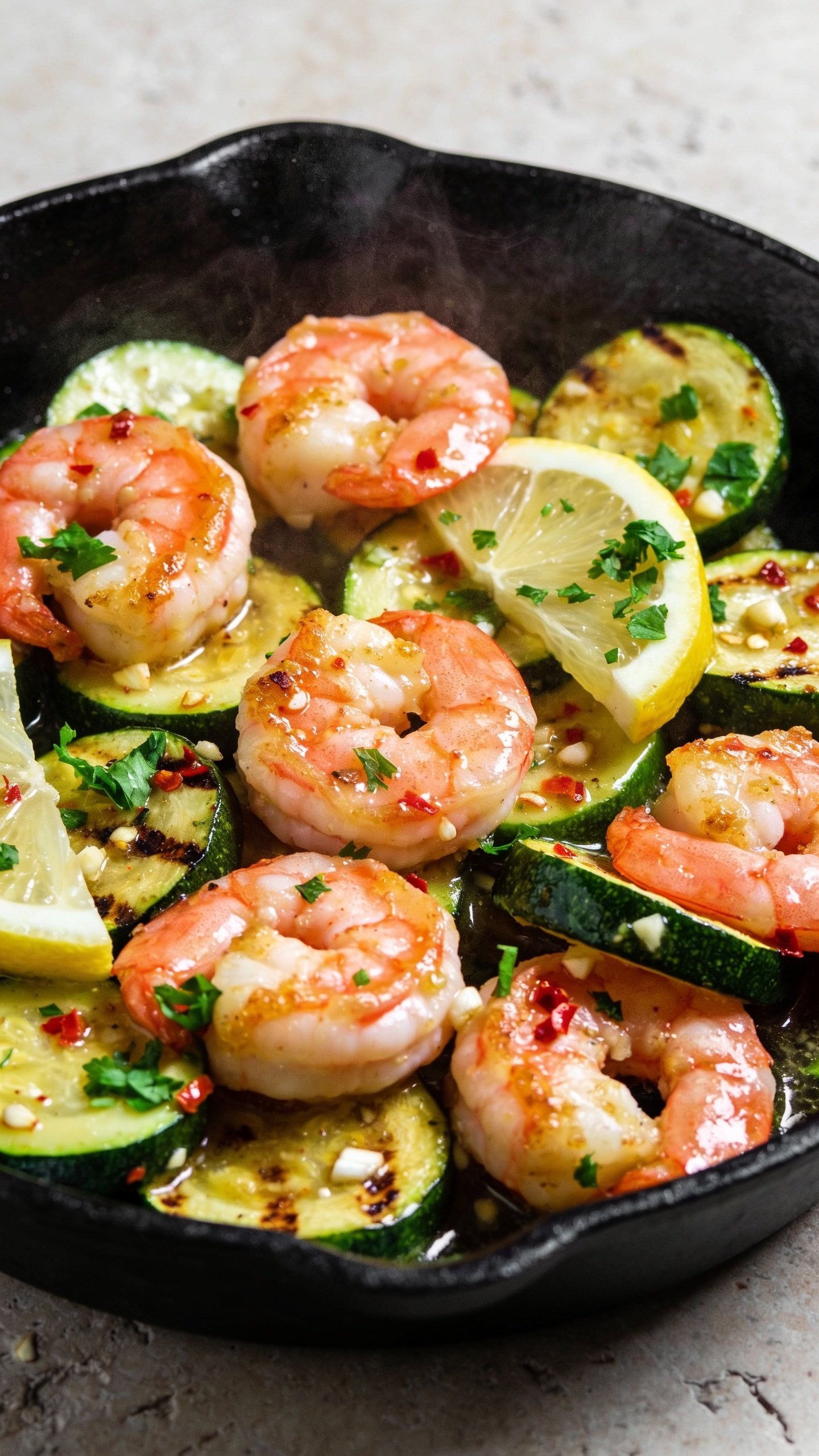 Extreme close-up hero shot of a high-protein shrimp zucchini skillet: plump pink shrimp seared with light golden edges nestled among half-moons of tender-crisp zucchini with visible char, all glossed in garlicky lemon-butter sauce with red chili flakes and tiny minced garlic bits clinging to the surfaces. A few thin lemon wedges and a scatter of freshly chopped parsley add bright color. Shot in a matte black skillet to frame the dish, on a neutral light stone surface. Bright natural side lighting, shallow depth of field, rich contrast, steam faintly rising, 90–95% of frame filled with food, premium food-blog styling, vibrant greens and citrus pop.