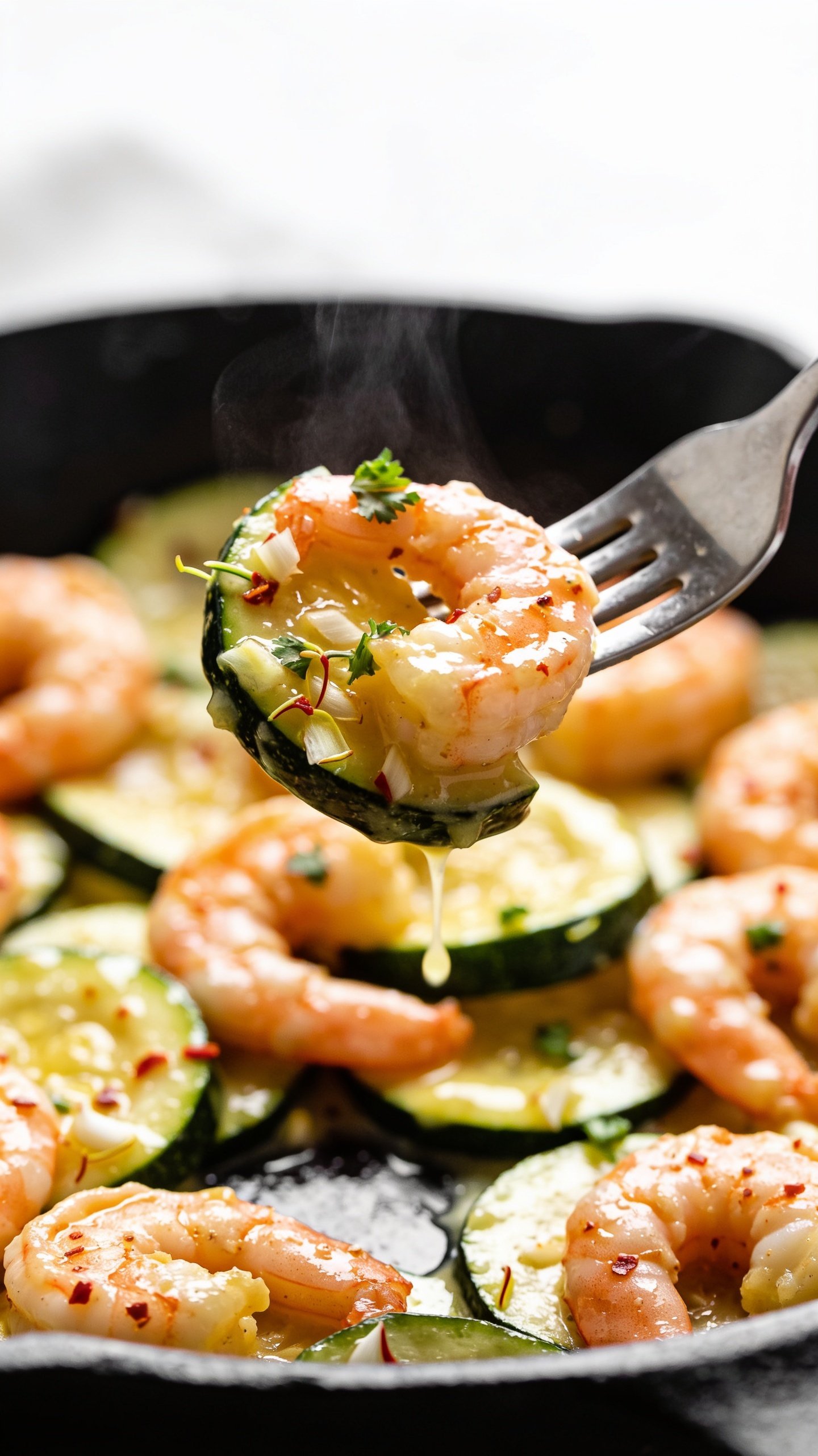 Dynamic action close-up capturing the irresistible bite: a stainless fork lifting the perfect bite of the finished shrimp zucchini skillet—one juicy shrimp curled around a glossy zucchini half-moon, both dripping with garlicky lemon-butter sauce dotted with red chili flakes and micro bits of garlic. A few parsley flecks cling to the bite, with a thin ribbon of sauce trailing back to the skillet below. Faint steam rising, bright natural lighting, shallow depth of field blurring the rest of the skillet, 90–95% of frame filled with food, movement frozen one second before the bite reaches the mouth, premium magazine-cover impact.
