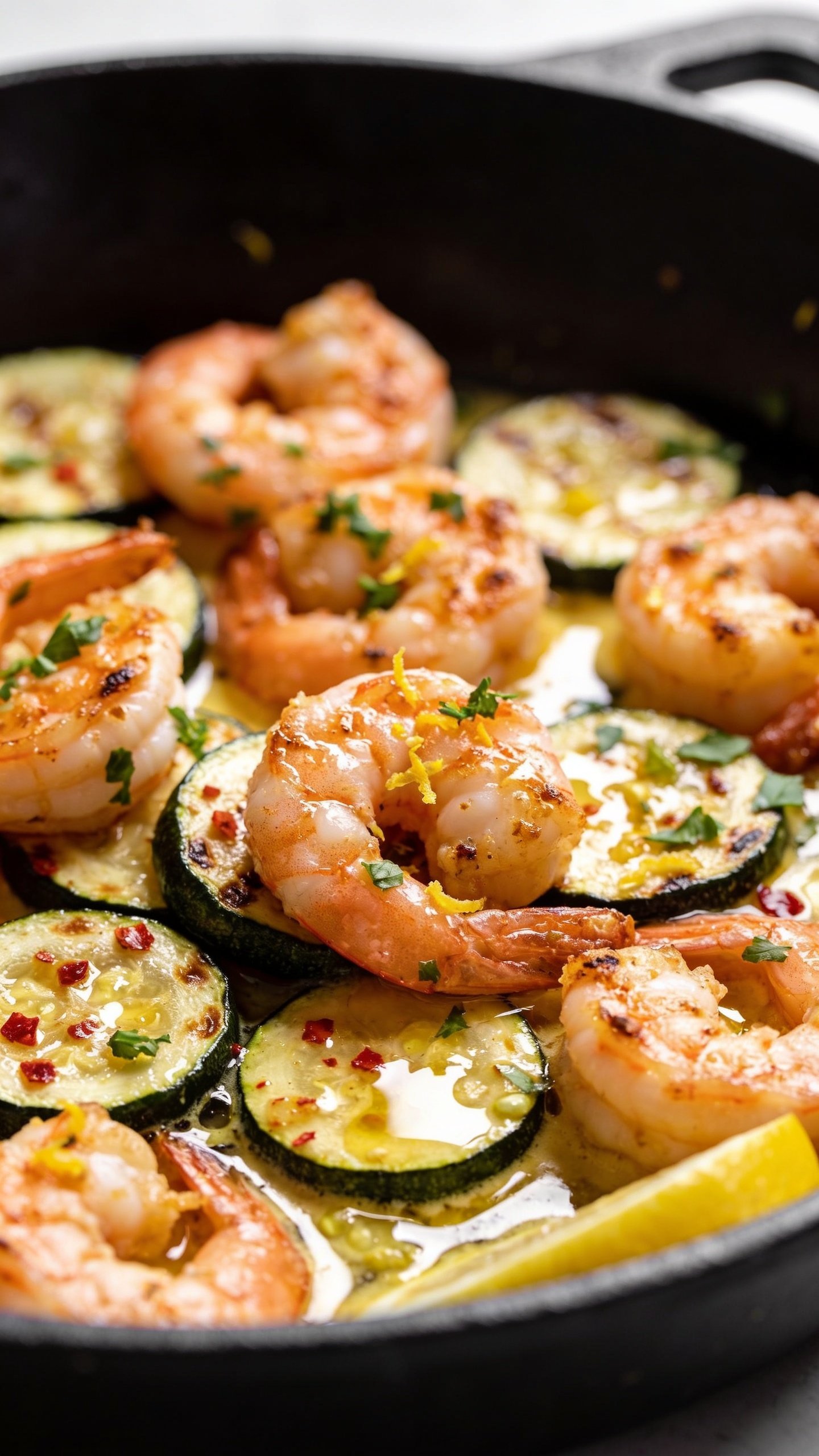 Ultra close-up from a low angle inside the skillet focusing on textures: shrimp clustered together with light caramelization, zucchini coins showing seared edges and tender interiors, puddles of glossy lemon-butter-garlic sauce pooling between pieces, red chili flakes sprinkled throughout, micro-zest of lemon and fresh parsley scattered on top. A thin lemon wedge peeks at the edge for brightness. Bright natural light raking across to emphasize shine and juices, shallow depth of field to isolate a small group of shrimp and zucchini, 90–95% of frame filled with food, cohesive with the same skillet and styling as the hero.