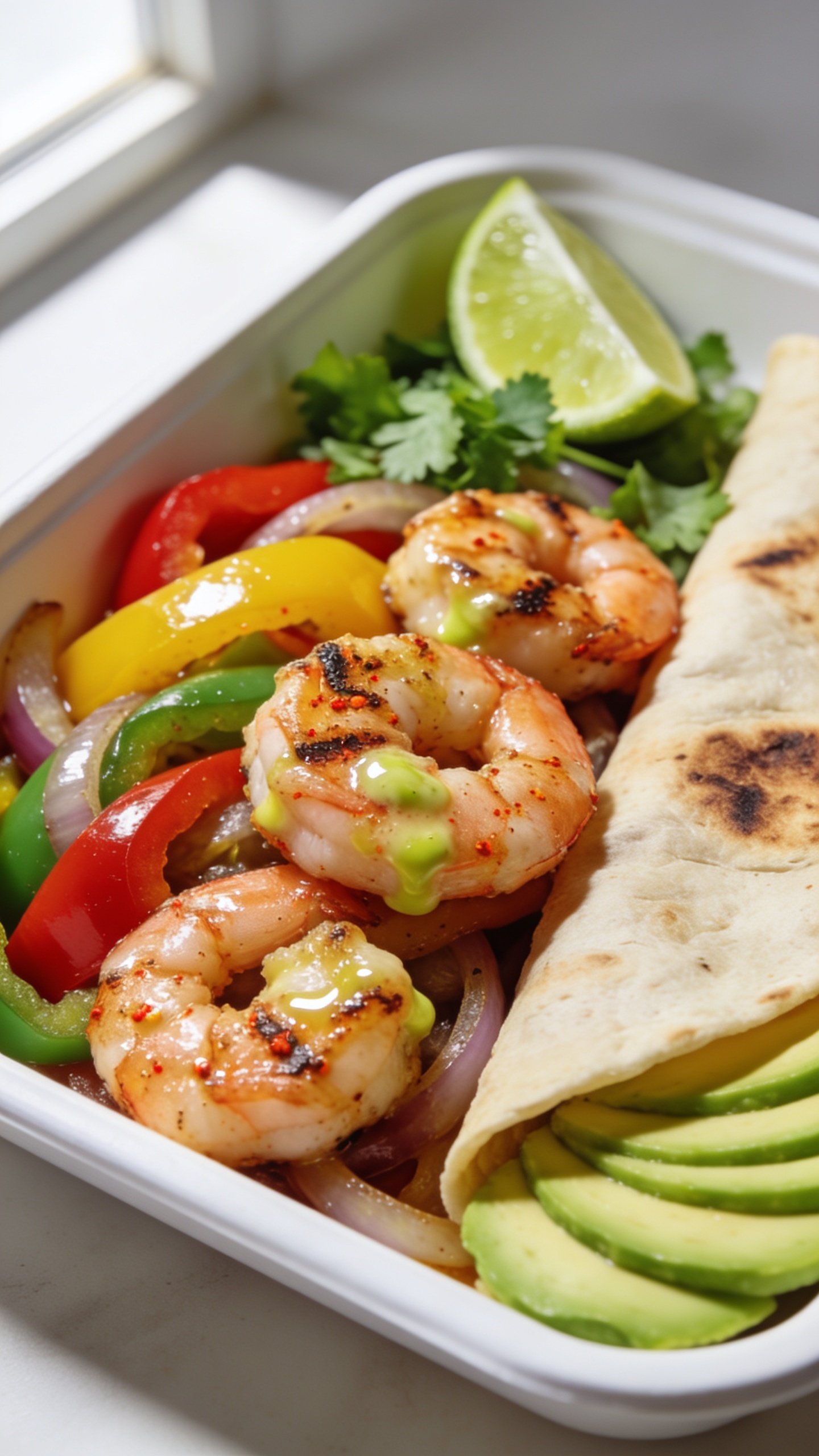 Extreme close-up hero shot of high-protein shrimp fajita meal prep: a rimless white meal-prep container packed with glossy seared shrimp (light char, fajita spice rub), caramelized tri-color bell peppers (red, yellow, green) and sweet onions, a warm charred flour tortilla folded alongside, a wedge of lime, sprinkle of fresh chopped cilantro, and a few thin avocado slices fanned at the edge. Shrimp glistens with a slight sheen of lime-garlic butter, visible grill marks, paprika-chili speckles on shrimp and vegetables. Bright natural window light from the left, soft shadows on the right, shallow depth of field with the front shrimp in tack-sharp focus and background peppers gently blurred. Vibrant, saturated colors, clean neutral background, 90â95% of frame filled with the food, premium food-blog styling, no text.