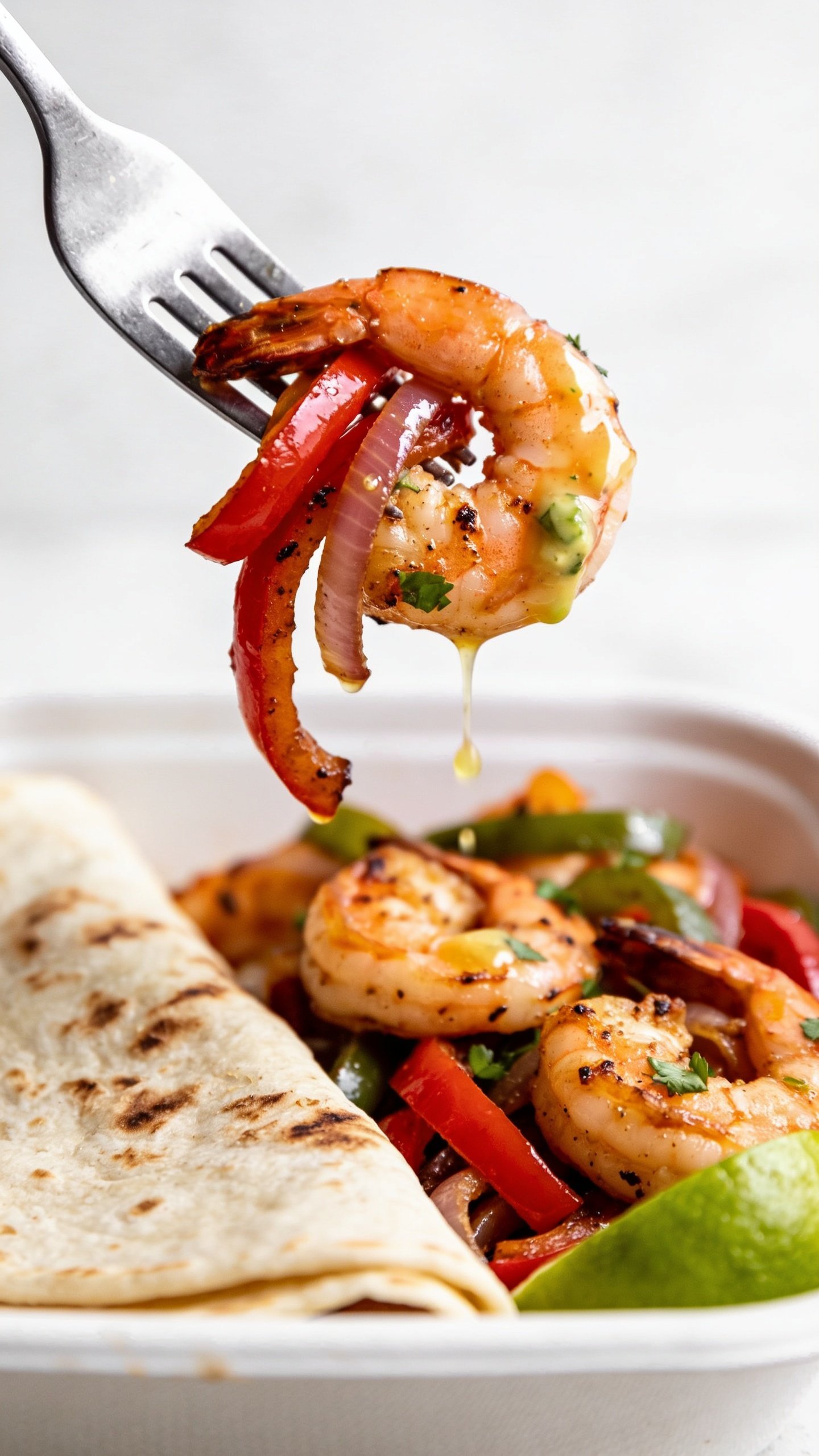 Dynamic action close-up: a fork lifting the perfect bite from the same shrimp fajita meal prepâone plump, char-kissed shrimp hooked with a ribbon of caramelized red pepper and onion, a glossy drip of lime-garlic butter hanging from the shrimpâs curve, micro-beads of moisture catching the light. Below, the white meal-prep container shows the rest of the shrimp and peppers with a folded, lightly charred flour tortilla and a lime wedge in soft blur. Bright natural lighting, shallow depth of field, vibrant colors, cilantro flecks visible on the shrimp, 90â95% of the frame filled with food, no hands, only the fork tip visible, premium magazine-cover anticipation.