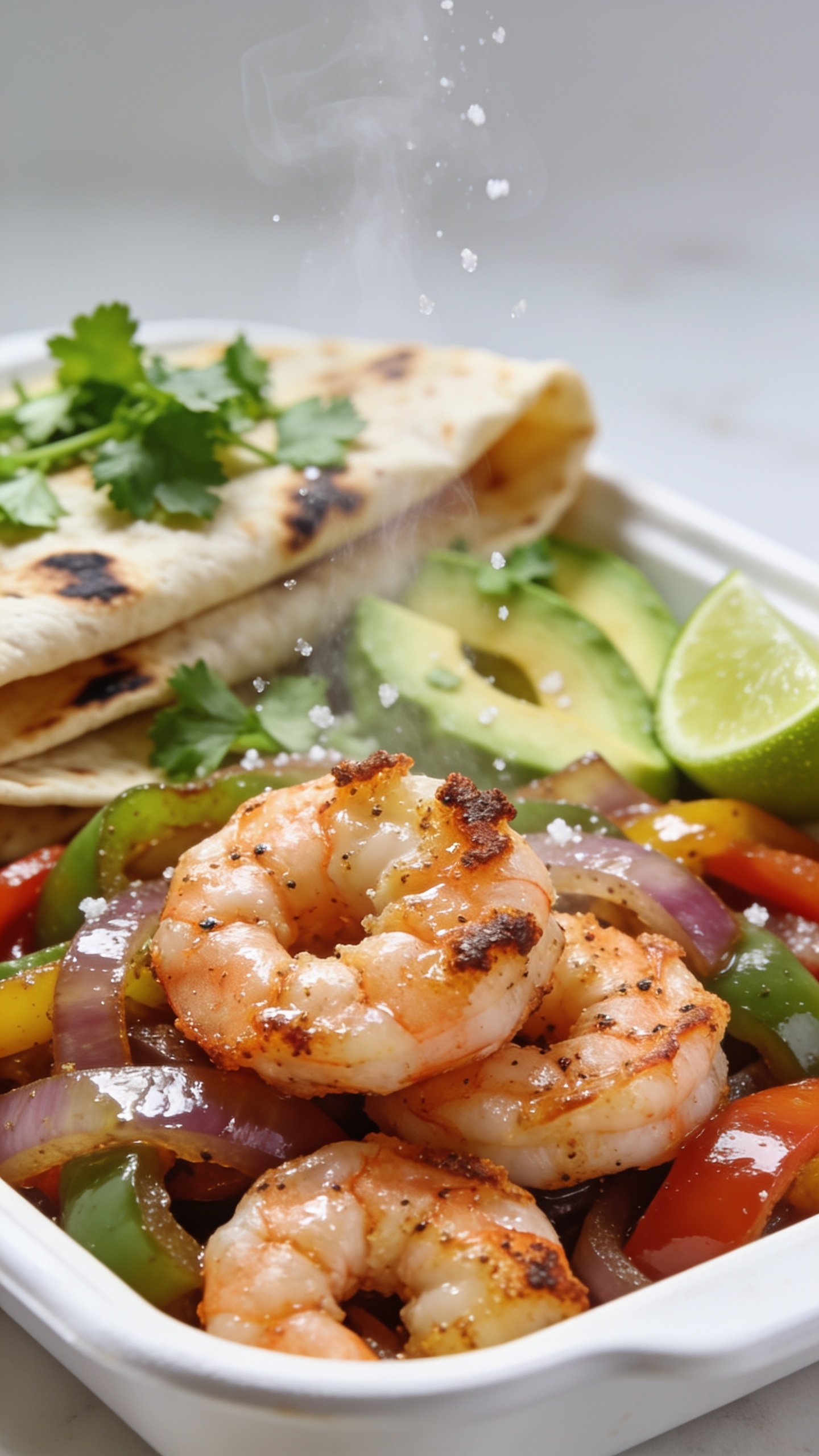 Ultra close-up angled shot focusing on textures: the same finished shrimp fajita meal prep in the white container, shot from a low 3/4 angle. Foreground shows a cluster of shrimp with crisp edges and spice-speckled gloss, nestled against glossy sautĂŠed peppers/onions; background softly blurs a folded charred tortilla, avocado slices, and a lime wedge. Fresh chopped cilantro sprinkled over top, a light mist of steam rising, tiny salt crystals visible, bright natural sidelight to highlight shine and char. Shallow depth of field, rich saturation, 90â95% of frame filled with the food, clean minimal backdrop, cohesive with the other images.