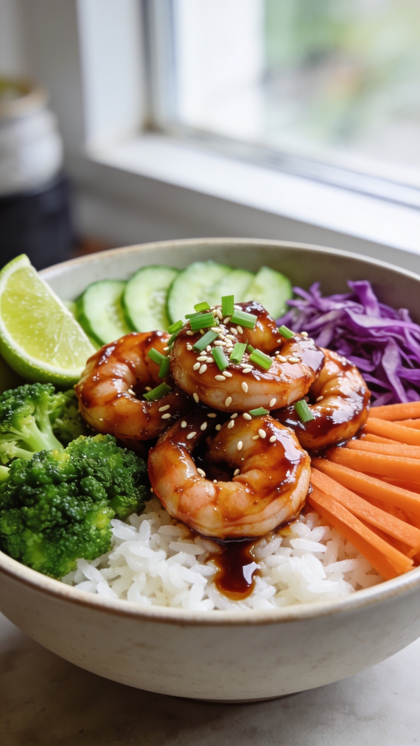 Extreme close-up hero shot of a high-protein teriyaki shrimp bowl: glossy mahogany-glazed shrimp curled on fluffy white jasmine rice, bright green steamed broccoli florets, thinly sliced cucumber, shredded purple cabbage, and matchstick carrots arranged in tidy sections; glistening teriyaki sauce clings to the shrimp with tiny sesame seeds and finely sliced green onions sprinkled over the top; a lime wedge tucked at the rim; drizzle of extra teriyaki pooling slightly on the rice; vibrant, clean colors; no text; 90â95% food in frame; bright natural window light, shallow depth of field, soft bokeh; premium food-blog styling with a neutral matte ceramic bowl and minimal props blurred in the background to keep the finished bowl the clear focal point.