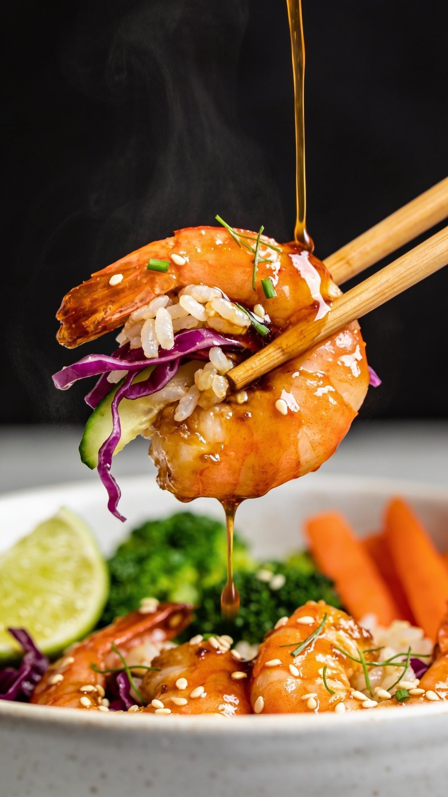 Dynamic food action close-up: wooden chopsticks lifting the perfect bite from the same teriyaki shrimp bowlâone plump, glossy teriyaki shrimp with a few jasmine rice grains clinging, a ribbon of purple cabbage, and a thin cucumber slice; a slow, translucent ribbon of teriyaki sauce drips from the shrimp mid-air back toward the bowl; scattered sesame seeds and micro-sprinkles of green onion on the shrimp; steam subtly rising; background bowl elements (broccoli, carrots, lime wedge) softly blurred; no hands visibleâonly chopsticks and food; 90â95% food in frame; bright natural light, shallow depth of field, high-contrast shine on the glaze to emphasize stickiness and umami.