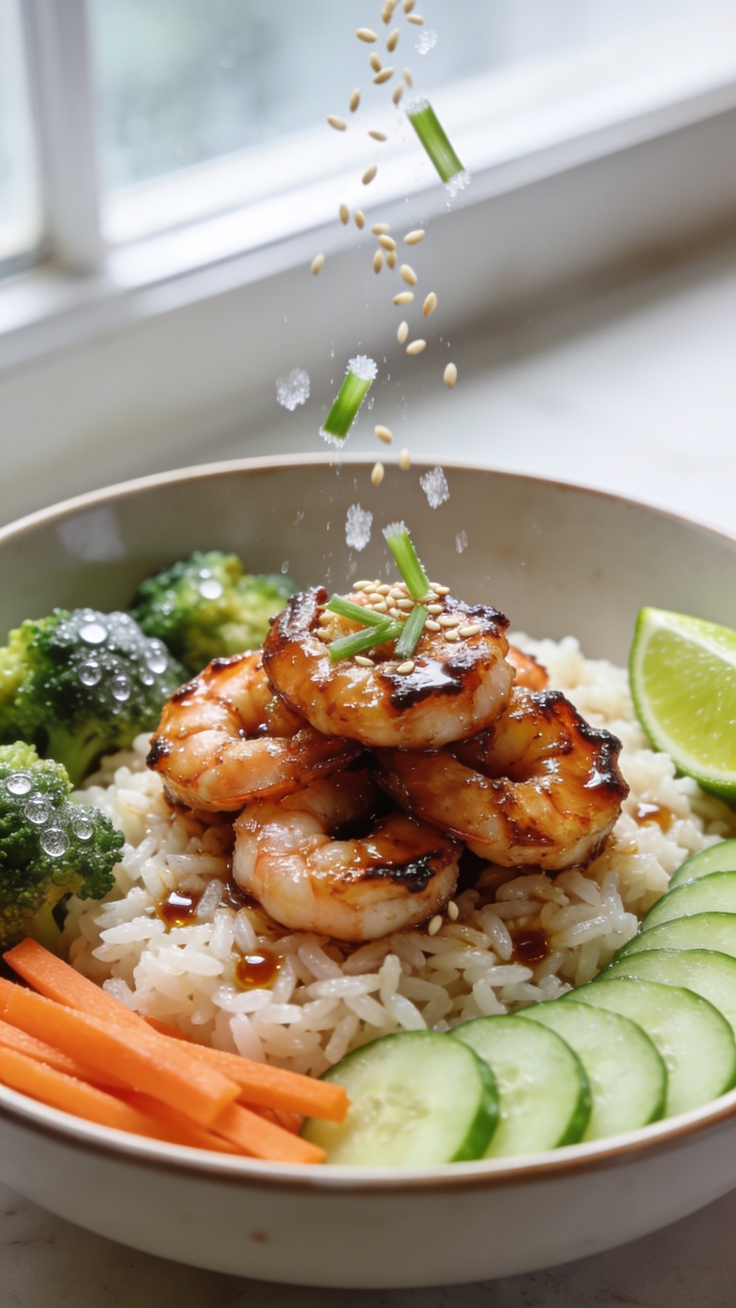 Ultra close-up angle from slightly above the rim of the same bowl, emphasizing textures: a tight cluster of caramelized, seared-edge shrimp lacquered in teriyaki, perched over pearly jasmine rice; glistening sauce pooled in tiny highlights between grains; broccoli florets with visible moisture beads, crisp carrot matchsticks, and cool cucumber rounds fanned along the side; sesame seeds and finely sliced green onions falling mid-air onto the shrimp and rice, frozen in motion; lime wedge at the edge for a pop of citrus color; 90â95% food in frame; bright natural window light, shallow depth of field, minimal background, cohesive with the other shots.