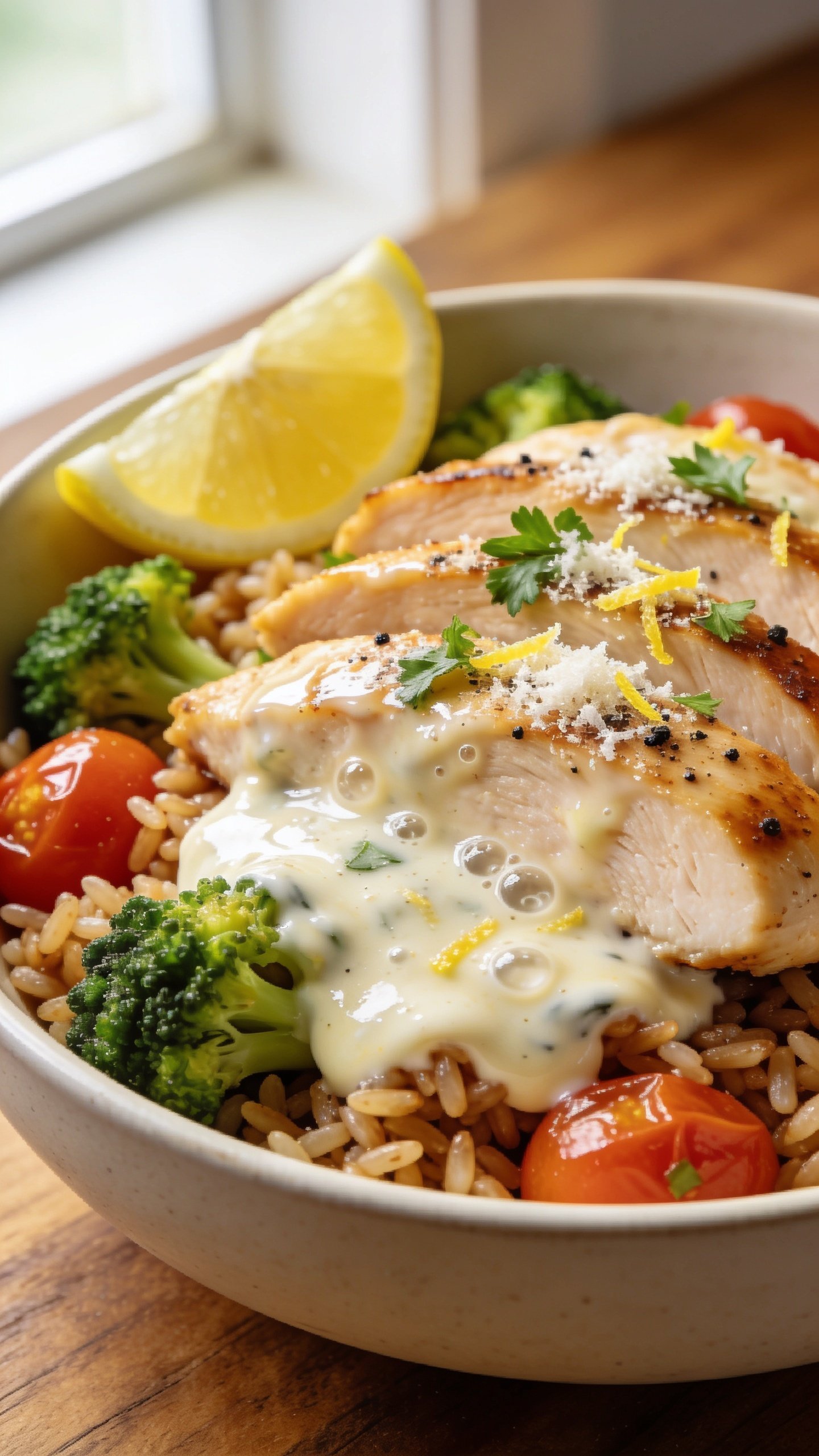 Ultra-close hero shot of High Protein Garlic Parmesan Chicken Bowls: succulent seared chicken breast slices glossed with silky garlic-Parmesan-Greek-yogurt sauce over a base of fluffy seasoned brown rice, with crisp-tender broccoli florets and roasted cherry tomatoes nestled in; sauce clings to the chicken with micro-bubbles and a light sheen, a dusting of freshly grated Parmesan and cracked black pepper on top, scattered fresh parsley and lemon zest, a lemon wedge tucked at the rim; bright natural window light from the left, shallow depth of field, creamy bokeh, food filling 90â95% of frame, matte ceramic bowl in neutral off-white, warm wooden surface, premium food-blog styling, consistent color palette for repeatability.