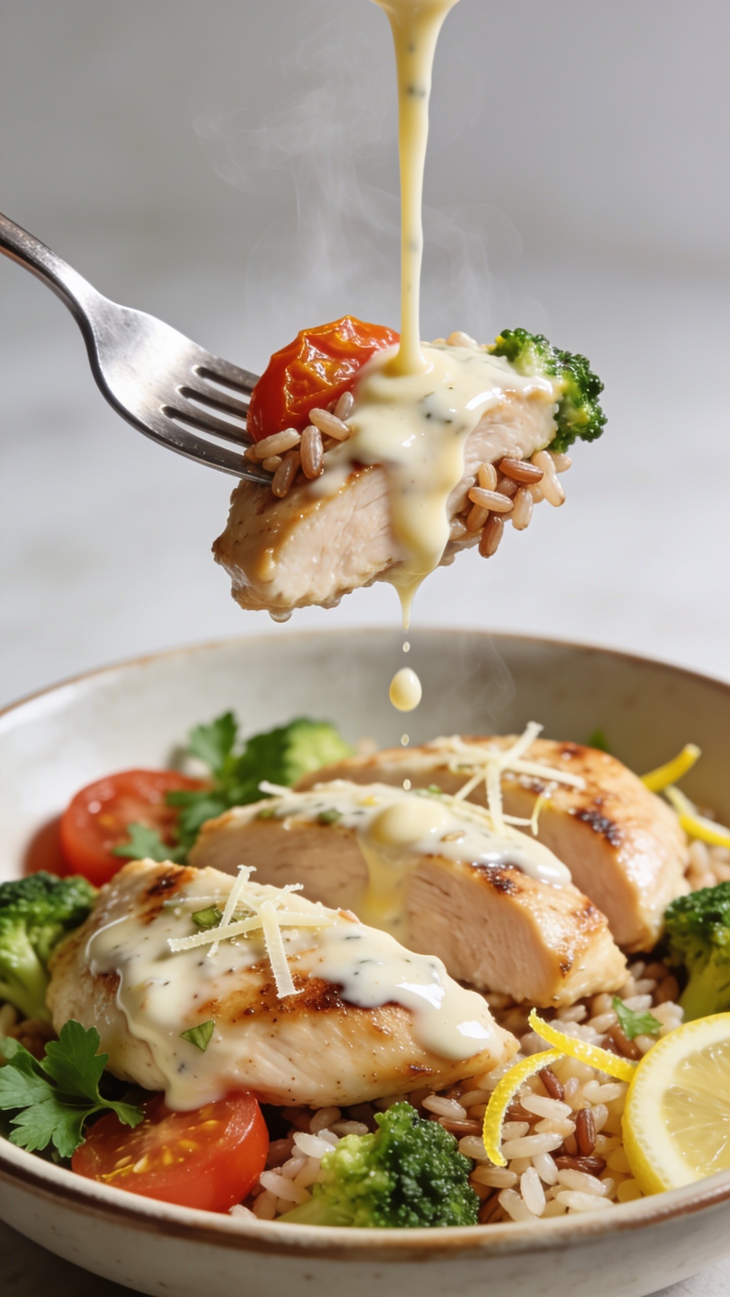 Dynamic action close-up capturing the single most irresistible bite: a fork lifting the perfect bite of the finished bowlâone juicy slice of garlic-seared chicken coated in glossy Parmesan-yogurt sauce with a few Parmesan strands melting, a couple grains of brown rice clinging, a tiny broccoli floret edge and roasted tomato skin peeking; micro steam rising; a gentle cascade of extra garlic-Parmesan sauce being poured in a thin stream onto the lifted bite, caught midair with droplets suspended; bright natural side light, shallow depth of field emphasizing the lifted bite, background is the same bowl with remaining chicken, broccoli, tomatoes, rice, parsley, and lemon zest; food fills 90â95% of frame, no hands visible, premium magazine-style drama.