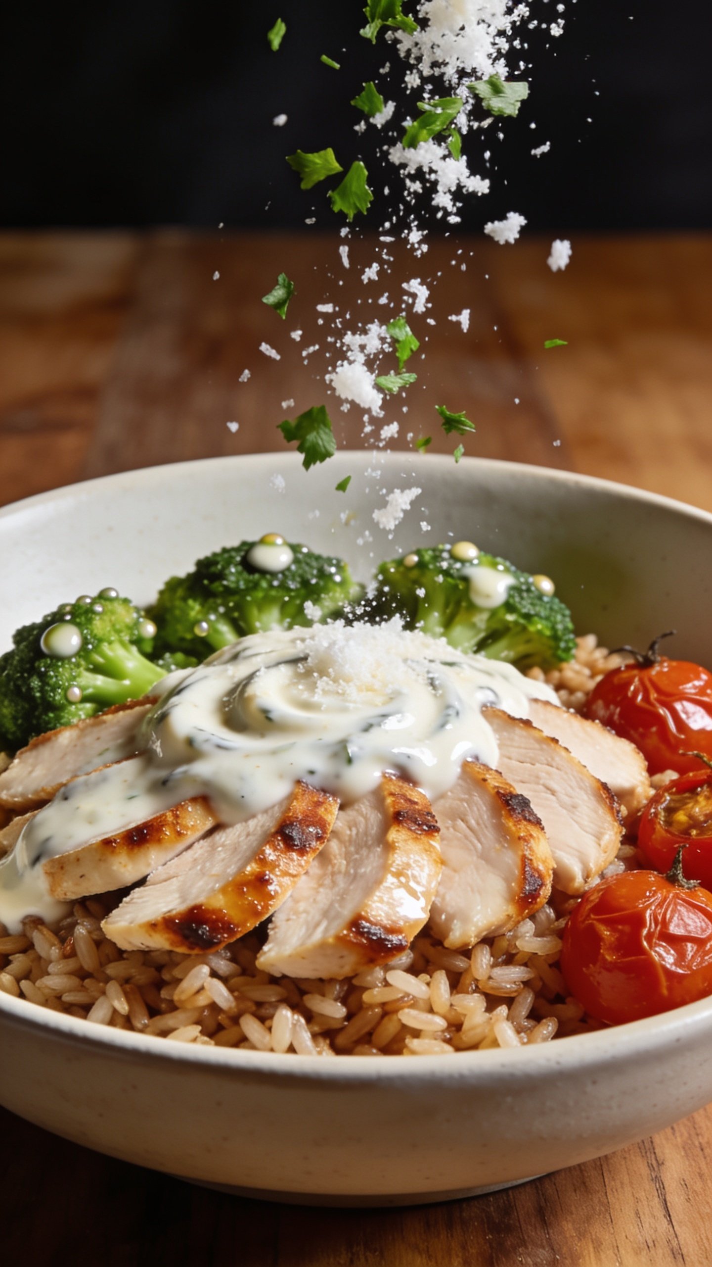 Extreme close-up from a different angle focusing on textures: chicken slices fanned over brown rice with the creamy garlic-Parmesan-Greek-yogurt sauce swirled and glossy, edges of chicken lightly caramelized, rice grains distinct, broccoli vibrant green with tiny beads of sauce, burst roasted cherry tomatoes showing wrinkled skins and juicy interiors; freshly grated Parmesan snow and chopped parsley falling midair onto the bowl, flecks frozen in motion; bright natural top-front light, shallow depth of field, tight crop (90â95% food), same matte off-white bowl and warm wood surface, clean, high-contrast, craveable styling.