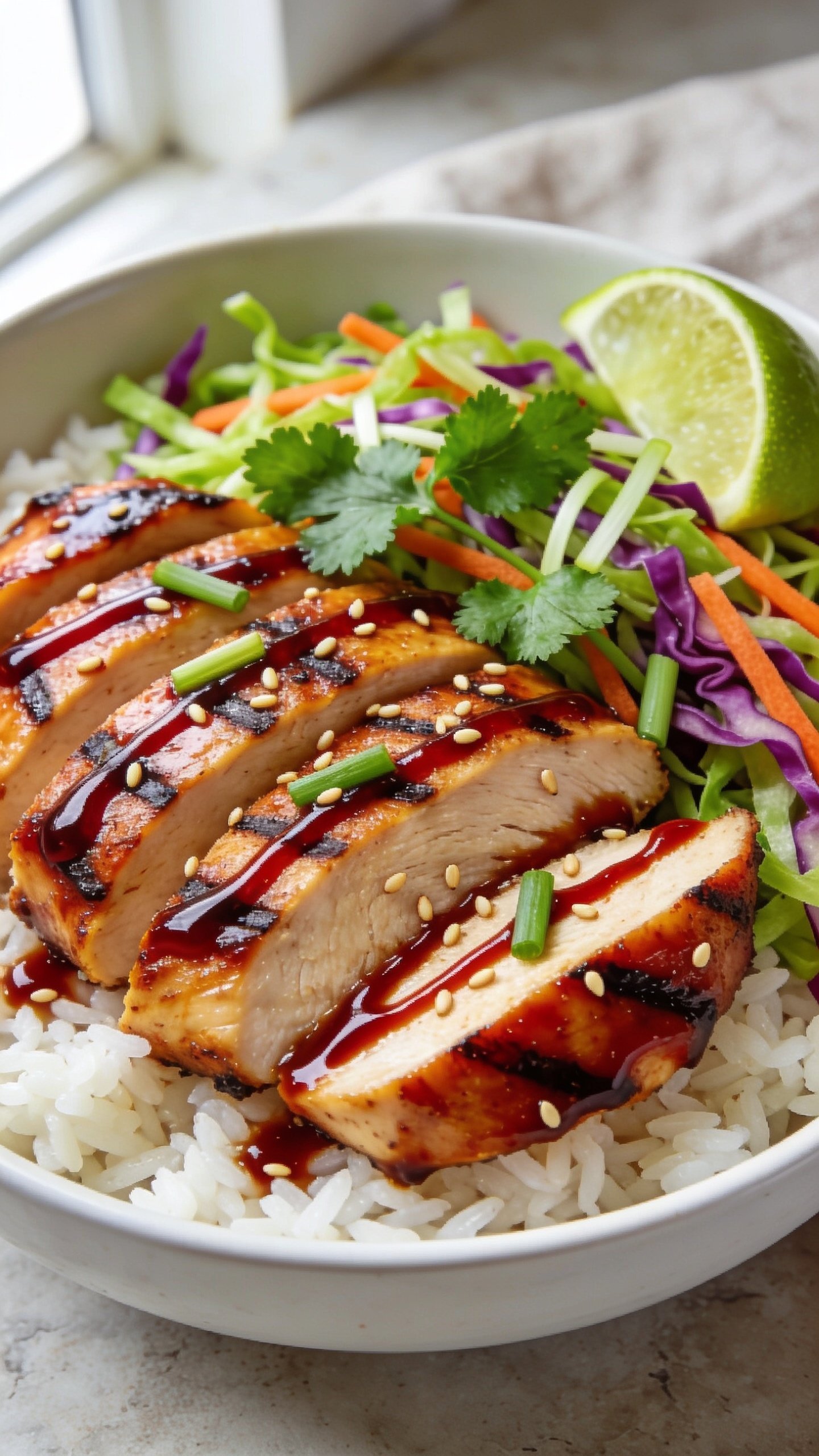 Ultra-close hero shot of a High Protein BBQ Chicken Rice Bowl: glossy grilled chicken breast sliced into thick strips, lacquered with sticky dark-red BBQ sauce and light grill marks; bed of fluffy white jasmine rice; crunchy rainbow slaw (thin-shredded green and purple cabbage, carrots) lightly dressed; fresh cilantro leaves and thinly sliced green onions sprinkled on top; a small drizzle of extra BBQ sauce zigzagging over the chicken; a few toasted sesame seeds for contrast; lime wedge tucked at the rim; shallow depth of field with the front-most chicken slice in tack-sharp focus; bright natural window light from the left, soft bounce on the right; matte white ceramic bowl on a neutral light stone surface with a faint linen texture in the background; 90â95% frame filled with food, vibrant colors, clean premium food-blog styling.