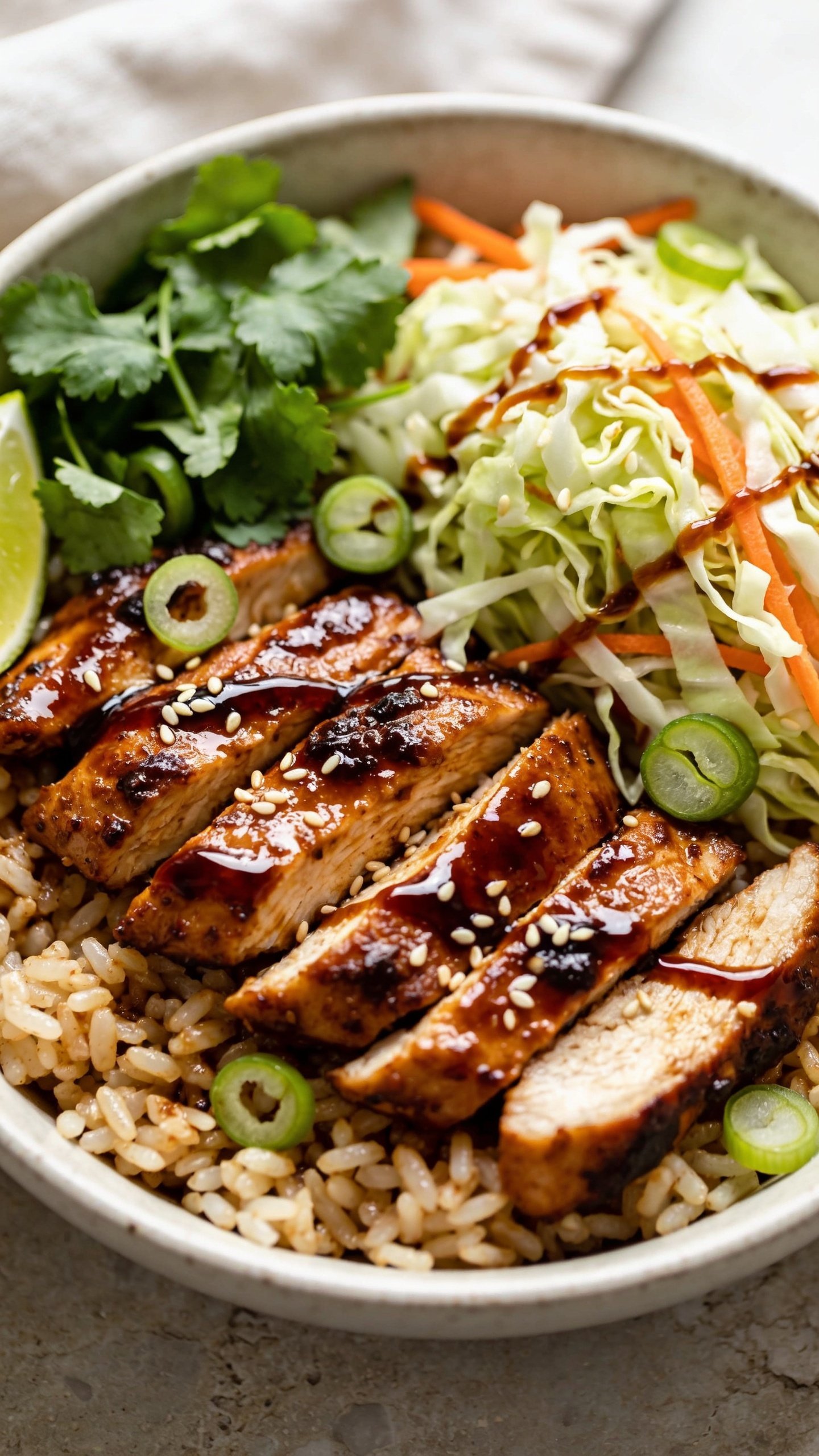 Textural macro angle of the same finished bowl from slightly overhead: focus on the intersection where BBQ chicken slices overlap the rice; sauce pooled lightly in the rice grains for a glossy, juicy look; crunchy slaw mounded alongside with visible cabbage veins and carrot threads; fresh cilantro leaves and green onion rings scattered; a few sesame seeds and a subtle extra drizzle of BBQ sauce ribboning across; lime wedge peeking in one corner; bright natural lighting, shallow depth of field with crisp detail on sauce sheen and rice texture; neutral stone surface and soft linen blur in the background; 90â95% frame filled with the food, consistent styling and colors with the hero image.