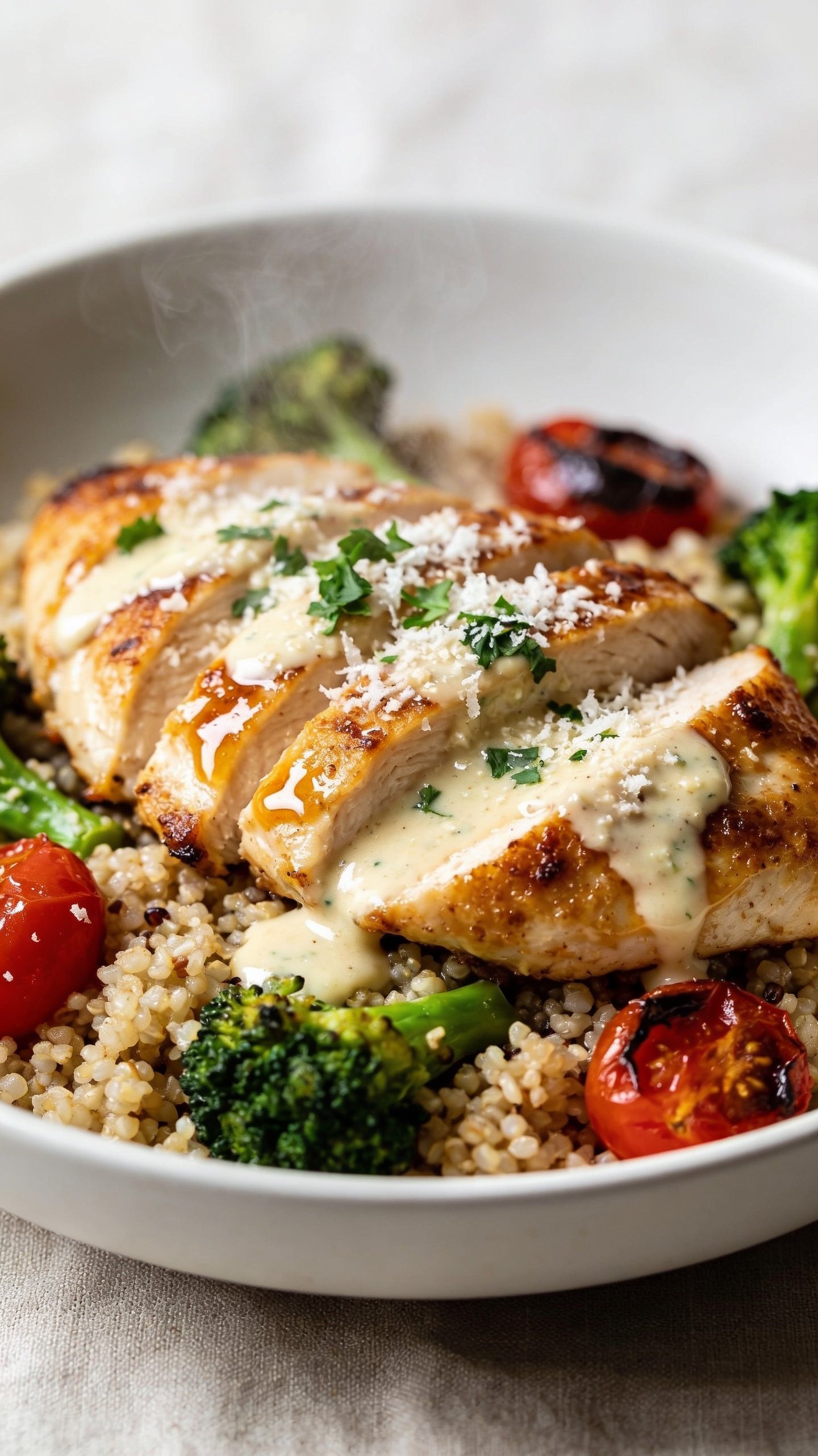 Ultra-close hero shot of a high-protein Garlic Parmesan Chicken Bowl: juicy golden-browned chicken breast slices glazed in glossy garlic-Parmesan sauce, nestled over fluffy quinoa or farro with roasted broccoli and charred cherry tomatoes, a drizzle of creamy Parmesan-garlic sauce pooling lightly, finished with finely grated Parmesan and fresh parsley sprinkled on top; food fills 90–95% of frame in a matte white shallow bowl, bright natural side lighting, shallow depth of field, visible steam, crisp textures on chicken edges, glossy sauce highlights, vibrant greens and reds, premium food-blog styling on a neutral light linen background.