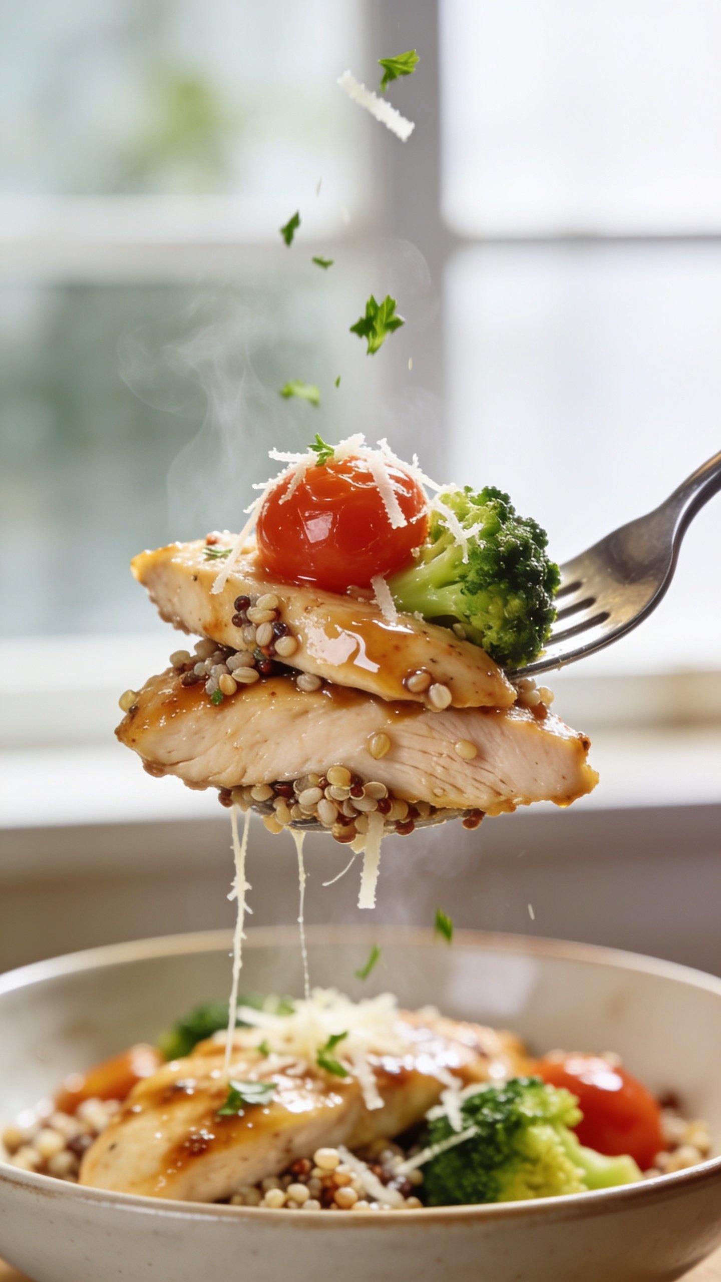 Dynamic action close-up capturing the perfect bite: a polished fork lifting a stacked bite of the finished bowl—one slice of juicy garlic-Parmesan chicken coated in glossy sauce with a few quinoa/farro grains clinging, a roasted broccoli floret, and a burst cherry tomato—thin strands of freshly grated Parmesan stretching slightly from the bowl to the fork; tiny flecks of parsley mid-fall, sauce gleaming, faint steam rising; background softly blurred with the remaining bowl beneath, bright natural window light, ultra-close crop with food taking 90–95% of frame, no hands visible.