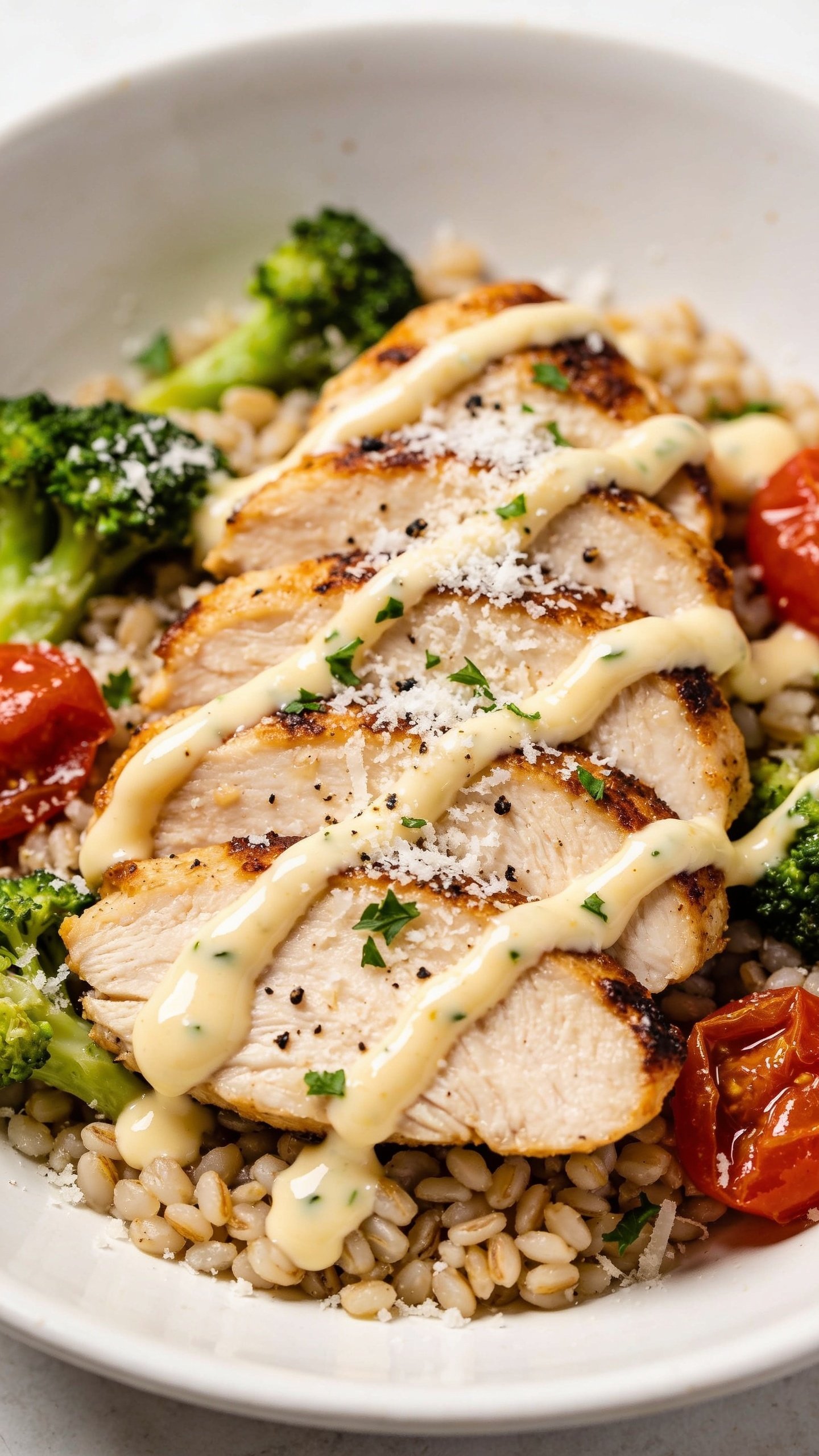 Tight macro angle from 45 degrees focusing on textures: sliced garlic-Parmesan chicken fanned over grains with roasted broccoli and blistered cherry tomatoes, creamy Parmesan-garlic drizzle zigzagging and catching light, micro-grated Parmesan snow and cracked black pepper scattered, parsley accents vivid; chicken’s seared edges crisp, sauce glossy and thick, grains distinct; bright natural lighting, shallow depth of field isolating the front slice, food dominates 90–95% of frame in the same white shallow bowl, cohesive styling to match the hero shot.