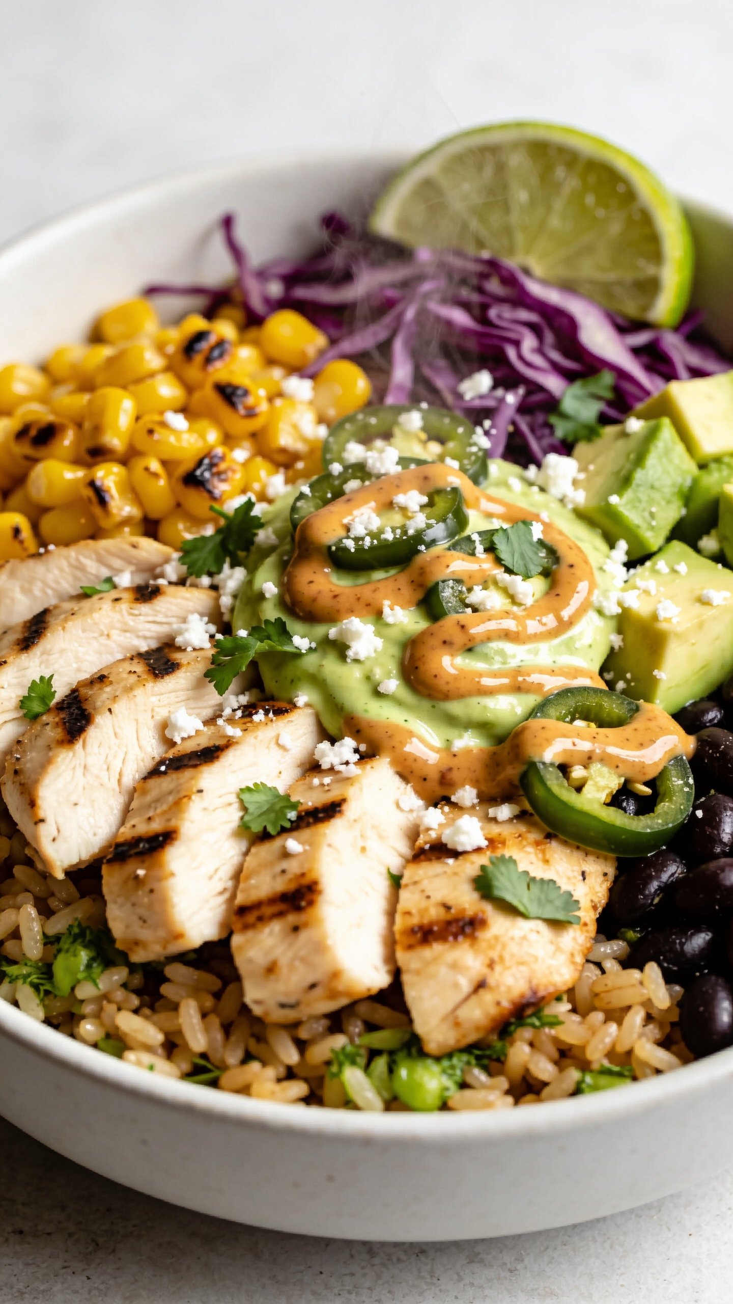 Ultra-close hero shot of a High Protein Street Corn Chicken Bowl in a matte white shallow bowl, filling 90â95% of frame. Juicy sliced grilled chicken breast with light char marks arranged over a fluffy cilantro-lime brown rice base, piled with smoky charred corn kernels, thinly shredded purple cabbage for crunch, diced ripe avocado, black beans peeking through, and a generous drizzle of tangy chipotle-lime crema swirled over the top. Finely crumbled cotija cheese sprinkled across, fresh cilantro leaves, thin jalapeĂąo slices, and a lime wedge tucked at the rim. Natural bright side lighting, shallow depth of field, glossy crema highlights, vibrant yellows, greens, and purples, subtle steam rising, premium food-blog styling, clean neutral background, same styling and ingredients for all images.