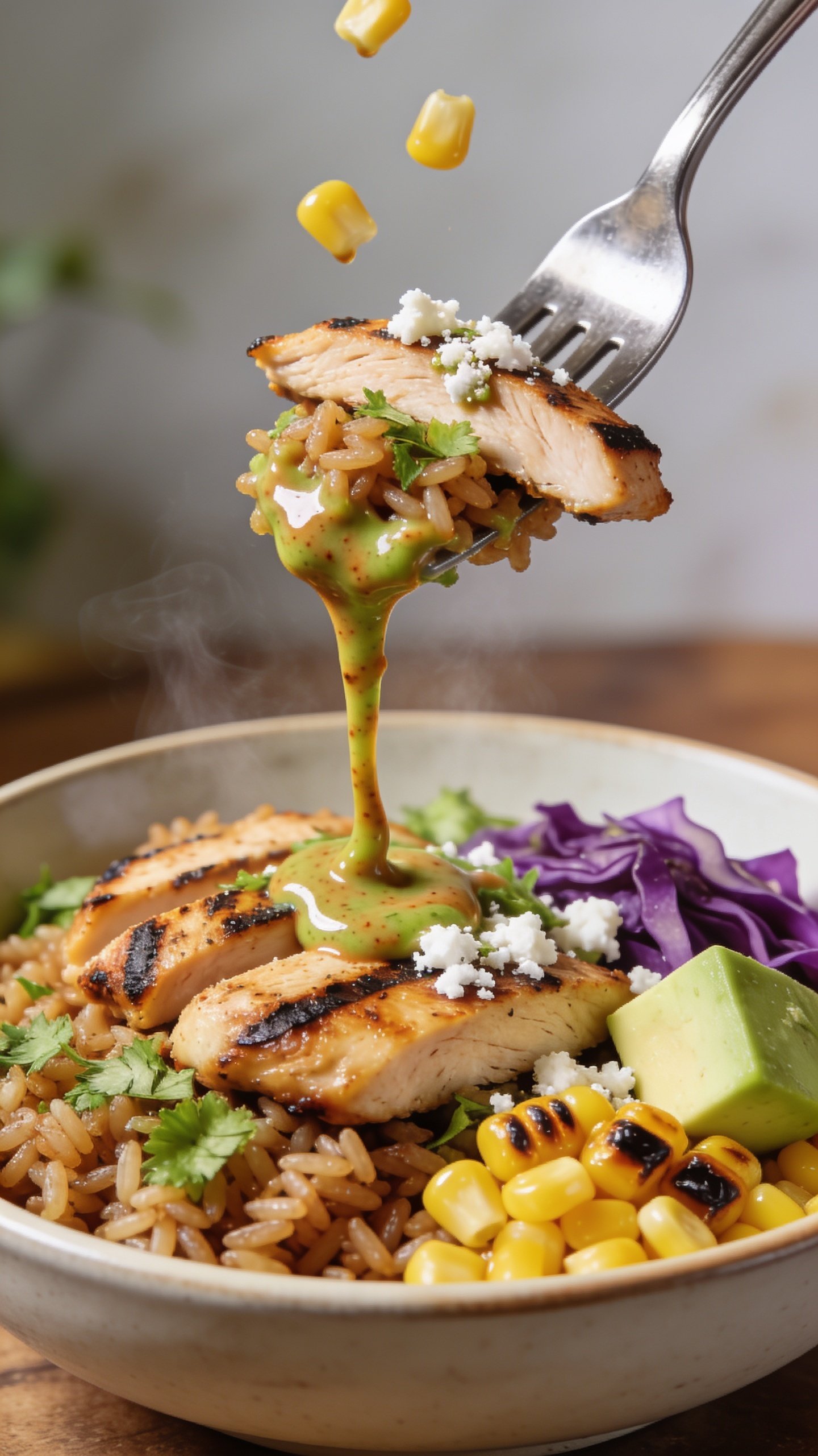 Dynamic action close-up of the same bowl and setup as Image 1, captured one second before a perfect bite reaches the mouth: a stainless steel fork lifting an irresistible bite that includes a strip of juicy char-marked chicken, a scoop of cilantro-lime brown rice, smoky charred corn, a bit of purple cabbage, a cube of avocado, and crumbled cotija clinging on. A glossy ribbon of chipotle-lime crema stretches from the fork back to the bowl, a few corn kernels falling midair, faint steam visible. Background softly blurred, bright natural light, rich textures, vibrant colors, food filling 90â95% of frame, no hands visible, same bowl and garnishes for continuity.