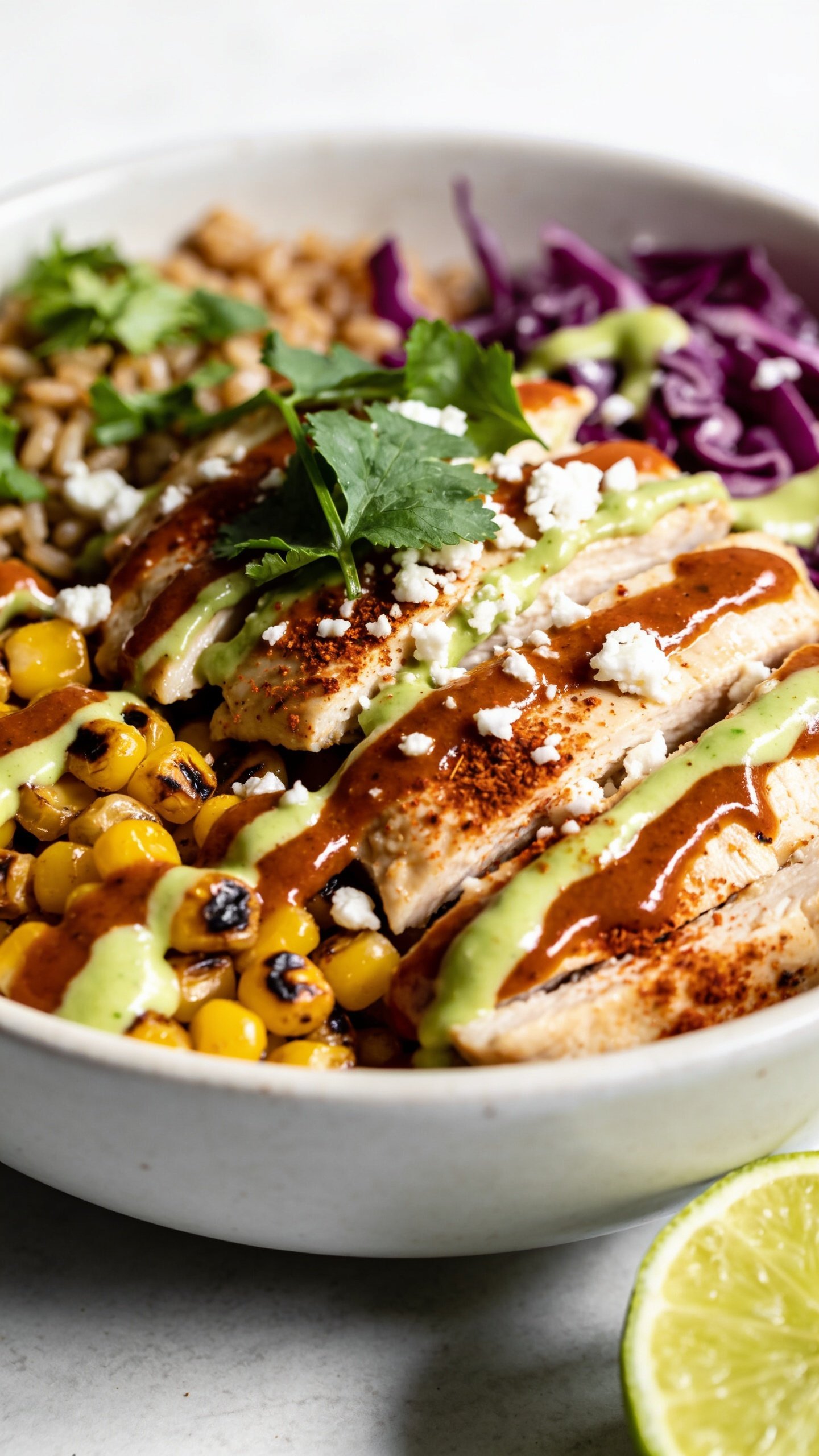 Extreme close-up from a low 3/4 angle of the same finished bowl, emphasizing textures: focus on the glistening chipotle-lime crema drizzled over charred corn and sliced chicken, with coarse chili powder dusting, crumbled cotija, and fresh cilantro leaves. Edges reveal the cilantro-lime brown rice and shredded purple cabbage for contrast, a lime wedge partly in frame. Bright natural light with gentle shadows, shallow depth of field isolating the glossy sauce and juicy chicken, vibrant saturated colors, premium food-blog styling, food filling 90â95% of frame, identical ingredients and presentation as the other shots.