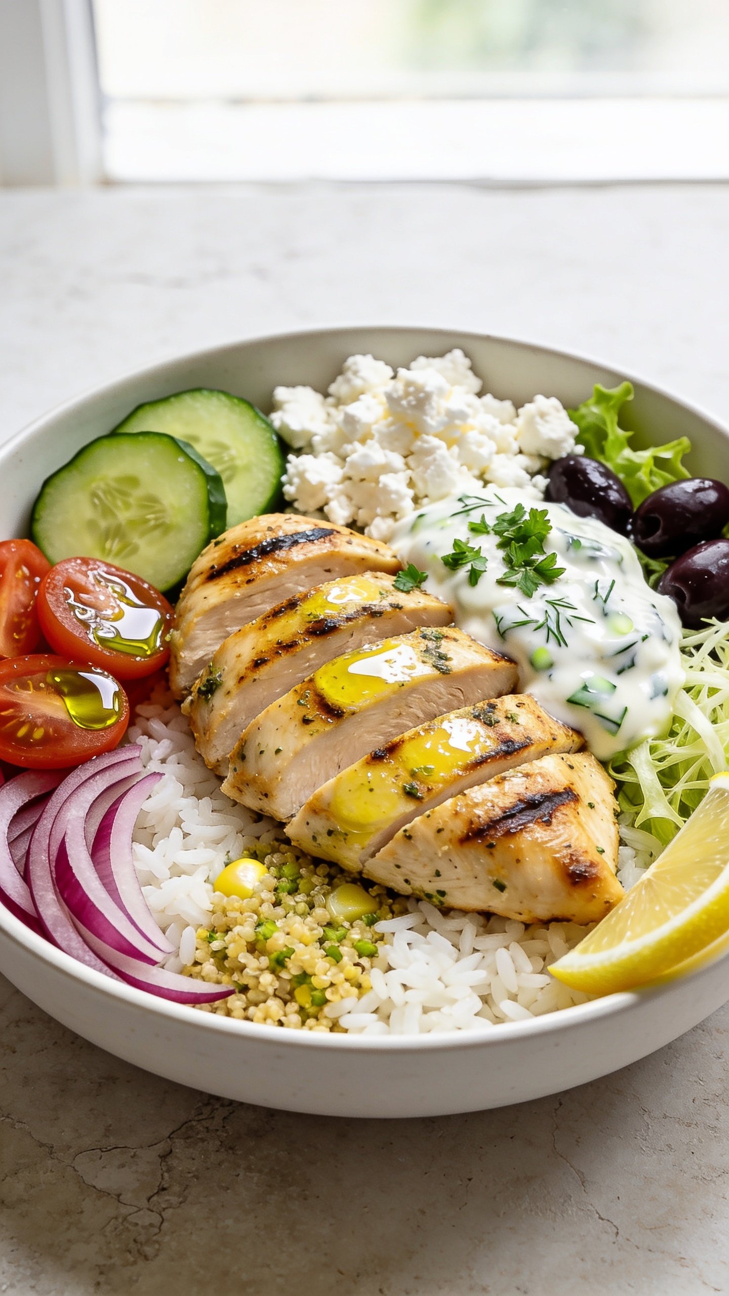 Ultra-close hero shot of a High Protein Greek Chicken Bowl: grilled lemon-oregano marinated chicken breast sliced into glossy, juicy strips with light char marks; nestled over a compact base of fluffy white rice with a small section of lemony herbed quinoa peeking through for texture; surrounded by vibrant toppings arranged in tight wedgesâcrisp cucumber half-moons, cherry tomato halves glistening with olive oil, thin red onion crescents, kalamata olive halves, and a small mound of shredded romaine for crunch. A generous crumble of snowy feta scattered over top, plus a drizzle of creamy tzatziki-yogurt sauce with visible dill and cucumber flecks. Garnished with finely chopped fresh parsley and a single thin lemon wheel tucked on the side. Bright natural window light, shallow depth of field, food filling 90â95% of frame, premium food-blog styling on a matte white shallow bowl set on a pale stone surface; colors vivid, chicken the focal point, no text.
