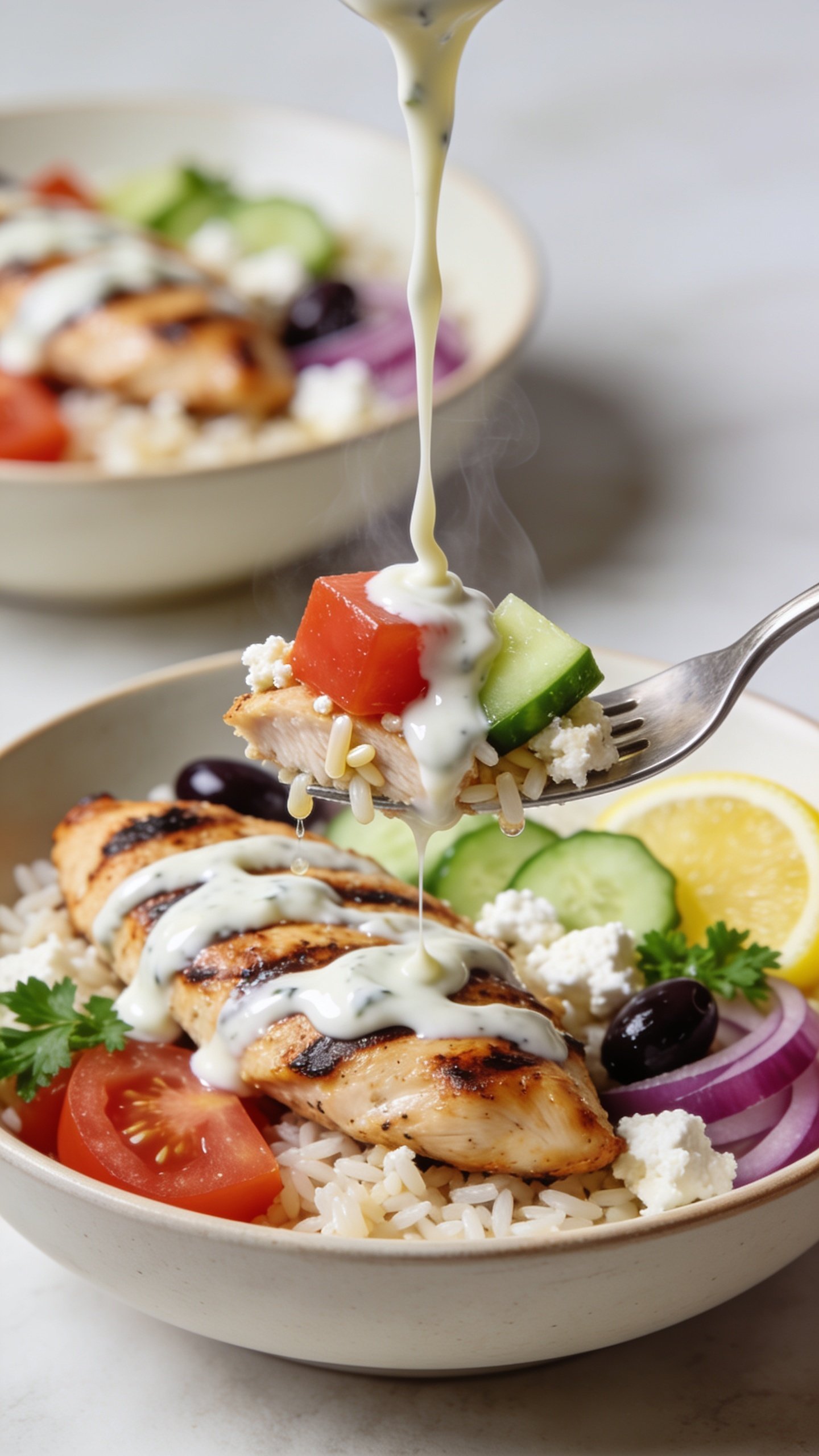 Dynamic action close-up capturing the most irresistible bite: a silver fork lifting the perfect mouthful from the same Greek Chicken Bowlâone juicy strip of charred Greek-marinated chicken draped with glossy tzatziki, a cube of tomato, a shard of cucumber, a few rice grains clinging, and a crumble of feta; thin strands of steam subtly rising. Midair drizzle of extra tzatziki caught in motion, a silky ribbon falling from above onto the lifted bite and the bowl below. Background bowl remains softly blurred but clearly identical in composition (rice base, tomatoes, cucumbers, red onion, kalamata olives, feta, parsley, lemon slice). Bright natural lighting, ultra-shallow depth of field, food filling 90â95% of frame, no hands visibleâonly the fork tip and bite, with movement and gloss emphasized.