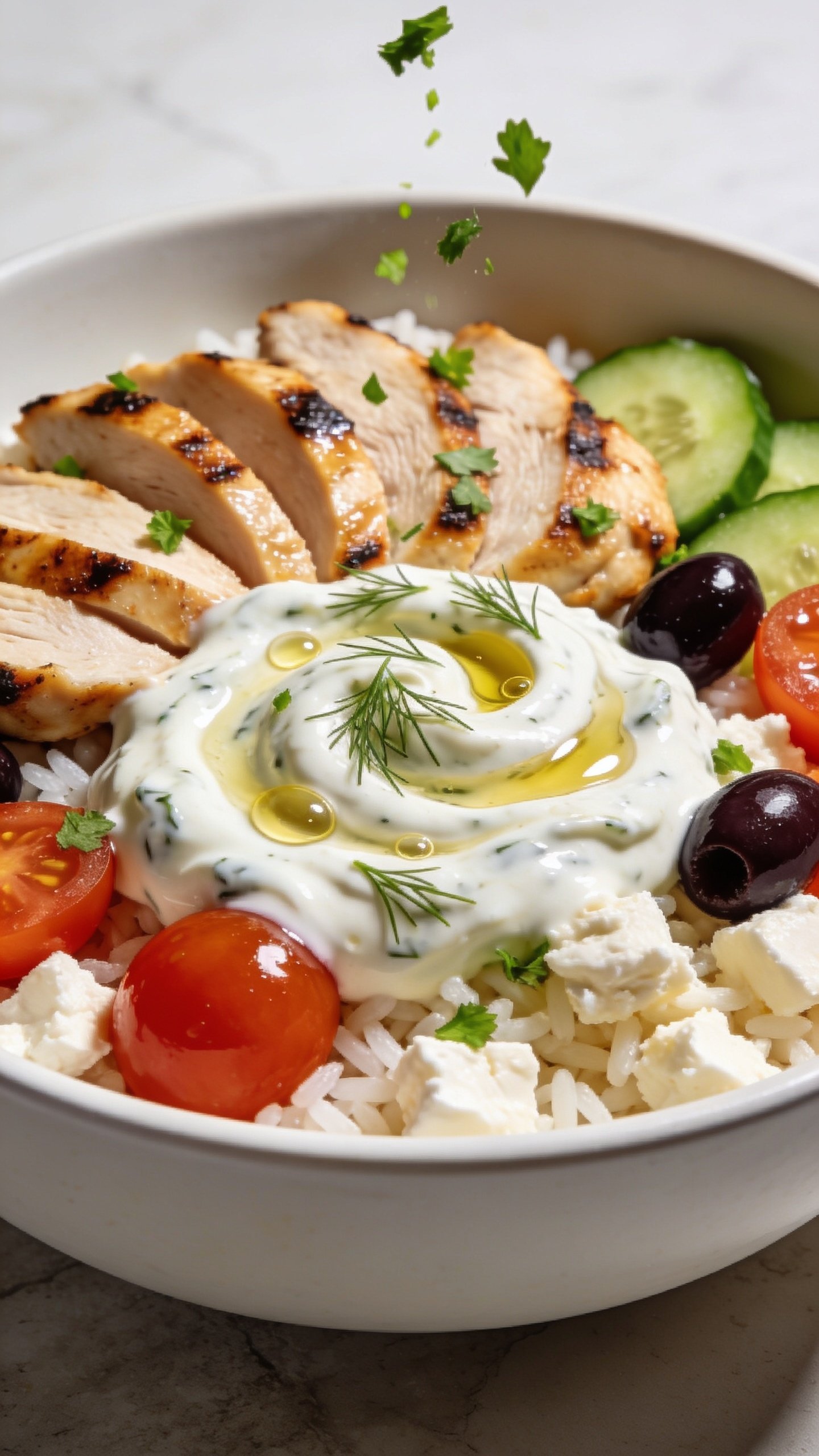 Tight macro angle from the side focusing on texture and juiciness: the same finished Greek Chicken Bowl with chicken slices fanned over rice, edges lightly charred and glistening; tzatziki swirled in luscious pools with visible dill, micro-beads of olive oil sheen; feta crumbles nestled among glossy cherry tomato halves and crisp cucumber; a few kalamata olive halves peeking through. Fresh parsley finely chopped and freshly sprinkled mid-fall, a few green flecks frozen in the air just above the bowl. Shallow depth of field isolates the chicken and sauce; bright natural light, subtle shadows for dimension; 90â95% of frame filled with food; matte white bowl on pale stone background to keep colors punchy and consistent with the hero image.