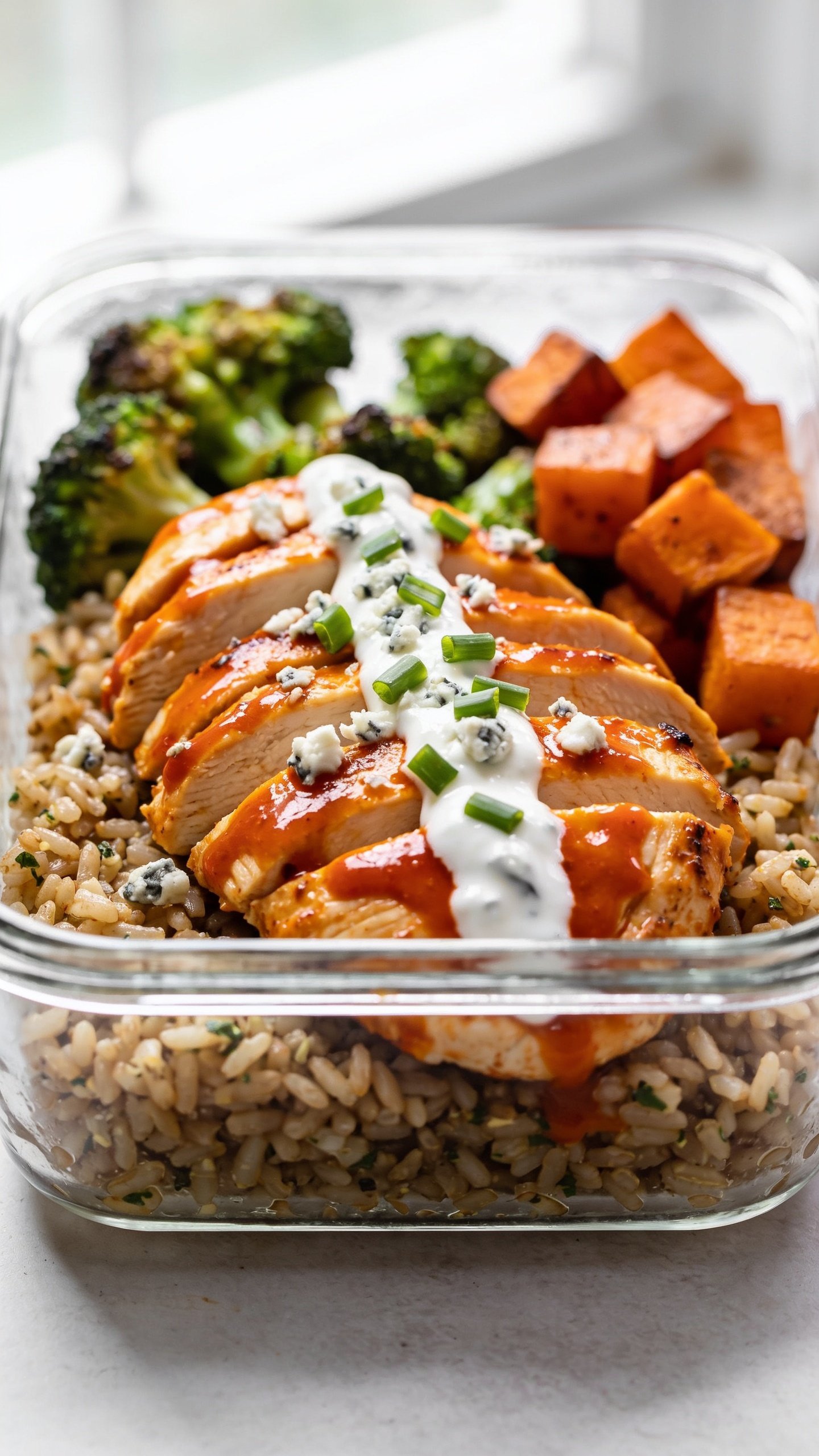 Ultra-close hero shot of High Protein Buffalo Chicken Meal Prep plated in a clear rectangular glass meal-prep container: juicy grilled chicken breast sliced into thick pieces and generously coated in glossy orange-red buffalo sauce, nestled over fluffy garlic-herb brown rice with a side of vibrant roasted broccoli and sweet potato cubes; a light drizzle of white tangy Greek yogurt ranch zigzagged over the chicken, garnished with finely sliced green onions and a sprinkle of crumbled blue cheese; bright natural window light, shallow depth of field, food filling 90â95% of frame, rich textures and steam-soft sheen on veggies, minimal rustic white backdrop, cohesive premium food-blog styling.