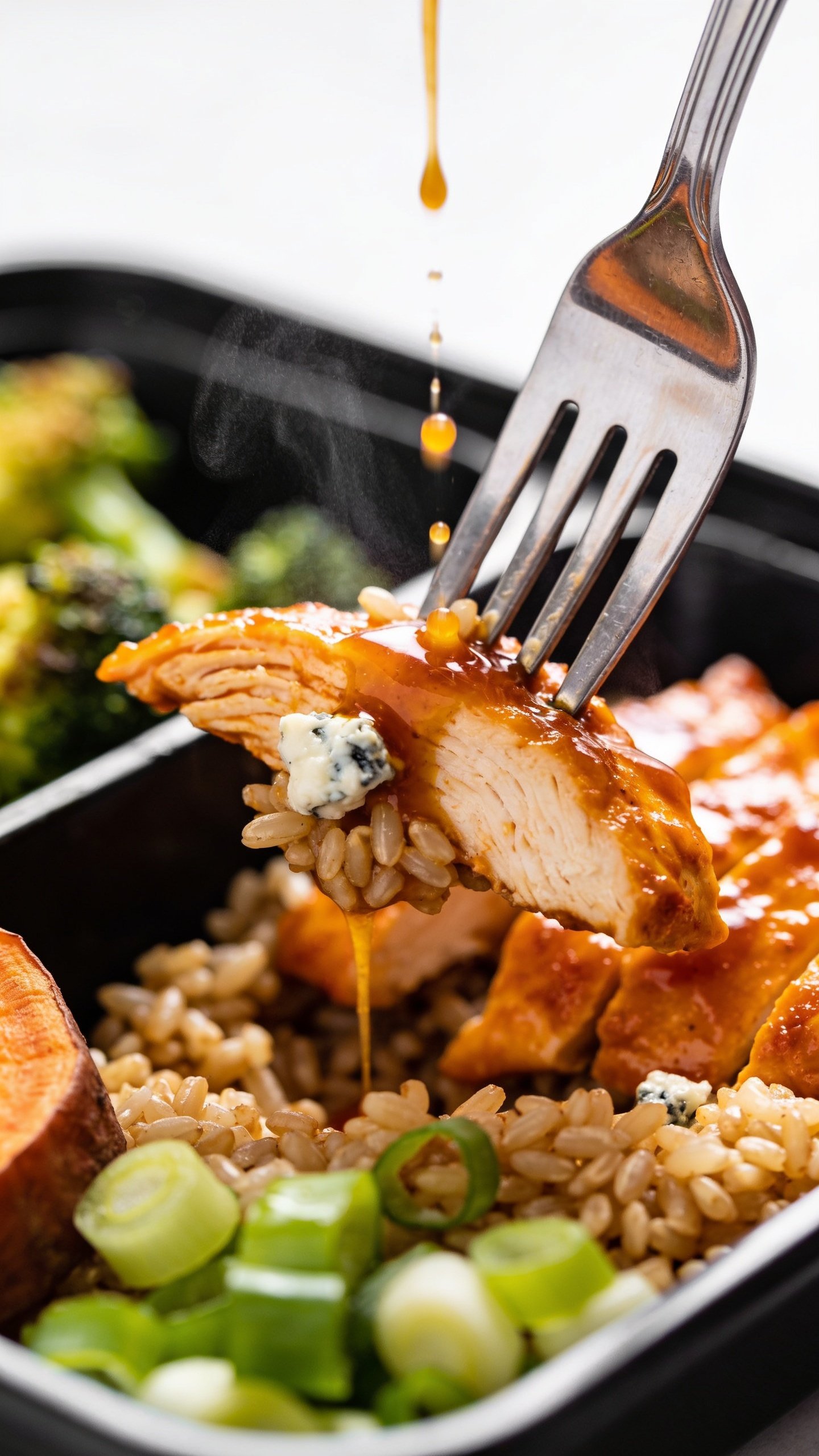 Dynamic action close-up capturing the perfect bite: a polished stainless-steel fork lifting a juicy, sauce-lacquered slice of buffalo chicken from the same meal-prep container, with a few grains of brown rice and a fleck of blue cheese clinging to the bite; a slow drip of glossy buffalo sauce trailing from the chicken, tiny droplets suspended mid-air; faint steam rising, green onion slices in soft blur below, roasted broccoli and sweet potato edges bokehâd in the background; bright natural lighting, shallow depth of field, food filling 90â95% of frame, no hands visible, intense, mouthwatering movement frozen one second before the bite.