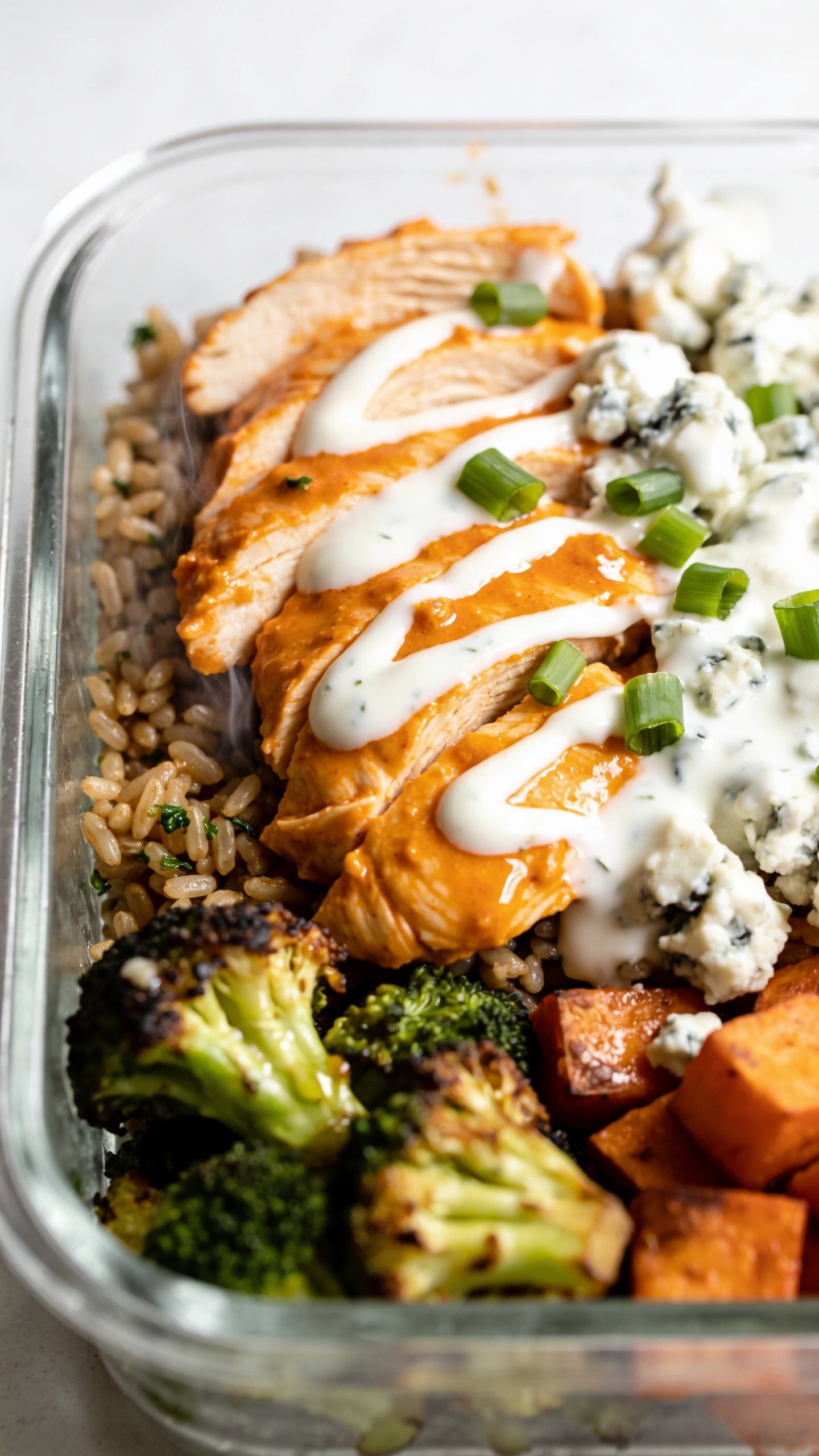Tight macro plate shot from a slightly different angle: the same buffalo chicken meal prep in the glass container, focusing on the saucy sliced chicken fanned over the herbed brown rice; fresh yogurt-ranch drizzle gleaming, crumbled blue cheese melting at the edges, vibrant green onions scattered; roasted broccoli florets with crisped edges and caramelized sweet potato cubes peeking in the foreground; visible moisture and gloss on the buffalo sauce, steam subtly rising; bright natural light, shallow depth of field, food filling 90â95% of frame, clean minimal surface to keep emphasis on rich textures and vibrant colors.