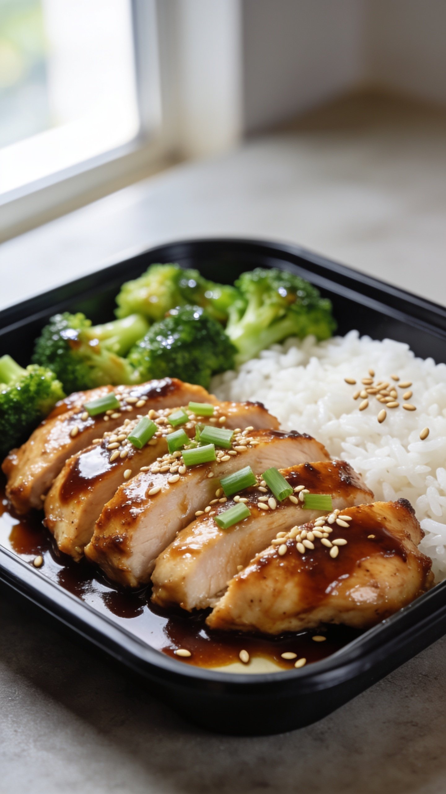 Extreme close-up hero image of high protein teriyaki chicken meal prep in a shallow black meal-prep container: glossy, thick teriyaki-glazed chicken thighs sliced into juicy pieces, sprinkled with toasted sesame seeds and finely sliced scallions; neatly portioned sides of fluffy white jasmine rice and vibrant steamed broccoli florets with a slight sheen. The chicken is front and center, sauce clinging and pooling lightly at the base; a few sesame seeds visible on the rice. Bright natural window light from the left, shallow depth of field with bokeh background, food filling 90–95% of the frame, premium food-blog styling on a matte neutral surface. No text, no hands.