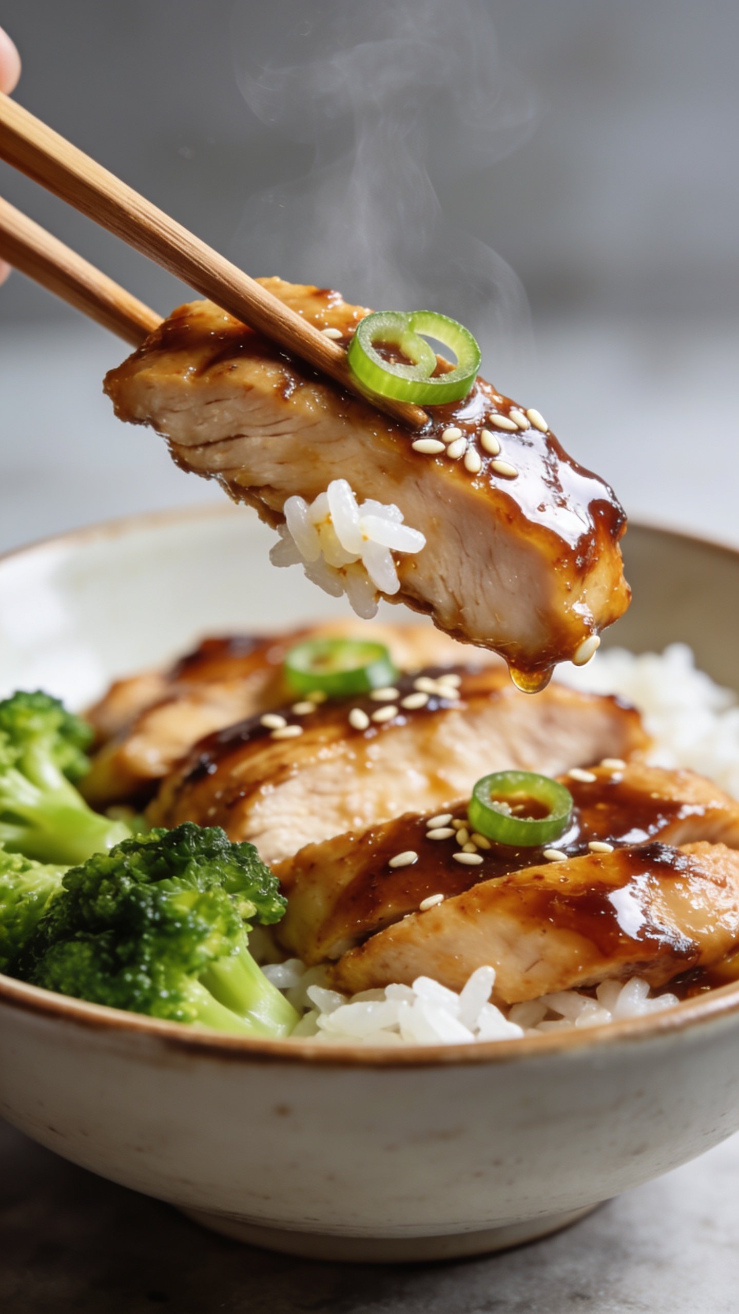 Dynamic action close-up of the same finished teriyaki chicken bowl: wooden chopsticks lifting the perfect bite—one glossy slice of teriyaki chicken with a grain or two of jasmine rice clinging to the glaze—held just above the bowl. Sauce glistens with micro reflections, a few sesame seeds and scallion rings resting on the lifted piece; faint steam rising. Background shows the rest of the bowl slightly blurred: more sliced chicken, bright broccoli, and rice. Bright natural lighting, shallow depth of field, 90–95% of frame filled with food, no hands or faces, premium magazine-cover energy frozen one second before the bite.