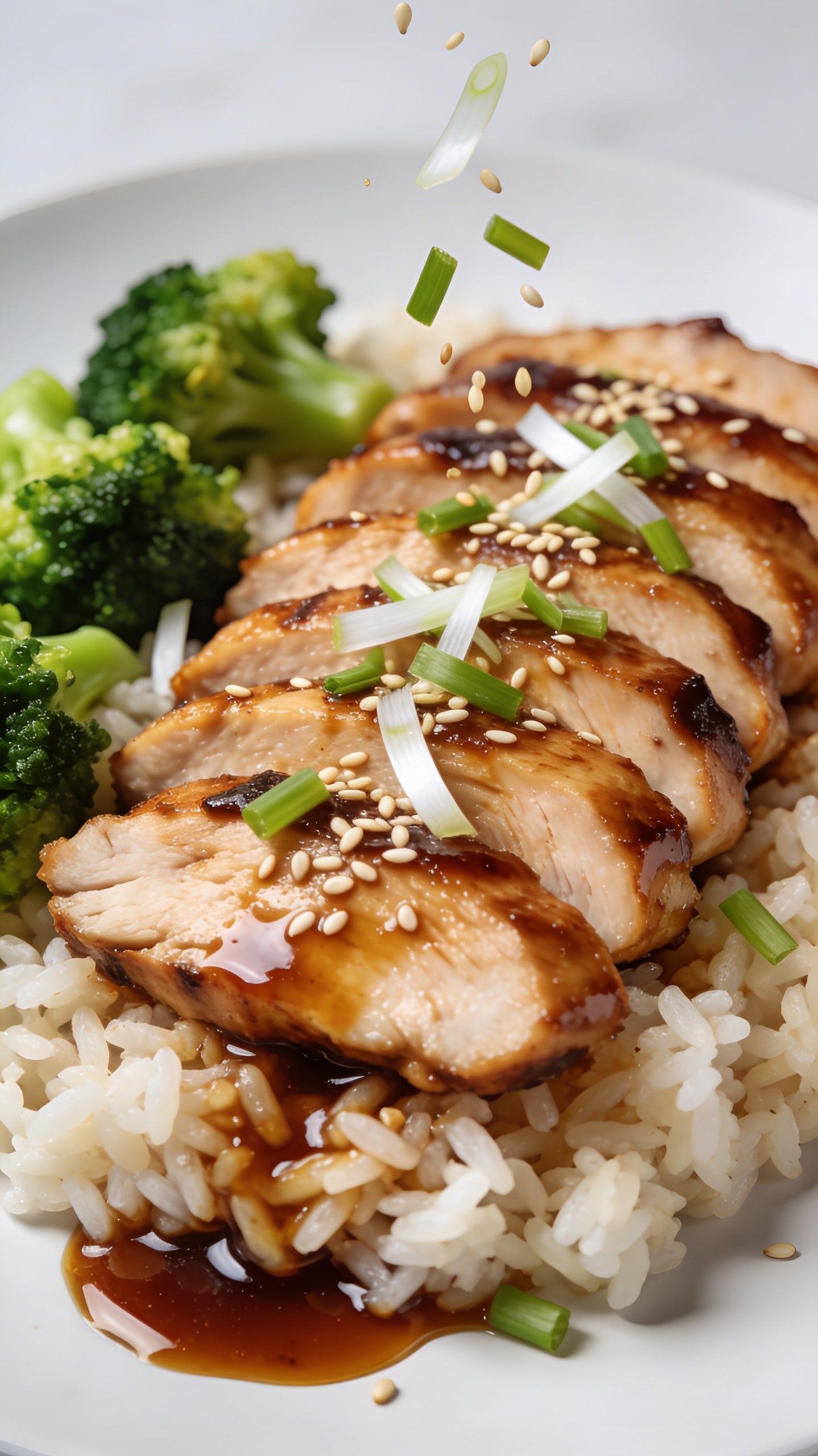 Ultra close-up overhead-to-45° angle of the same plated meal prep: sliced teriyaki chicken arranged in a tidy row over rice with a gentle extra drizzle of glossy teriyaki pooling between grains, broccoli tucked alongside for contrast. Fresh sesame seeds and thinly sliced scallions sprinkled across the chicken at the moment of landing, some mid-air and some just settled. Emphasize sticky sheen, juicy texture, vibrant greens and whites, and fluffy rice texture. Bright natural light, shallow depth of field, neutral backdrop, 90–95% food in frame, matching styling to the first two images.