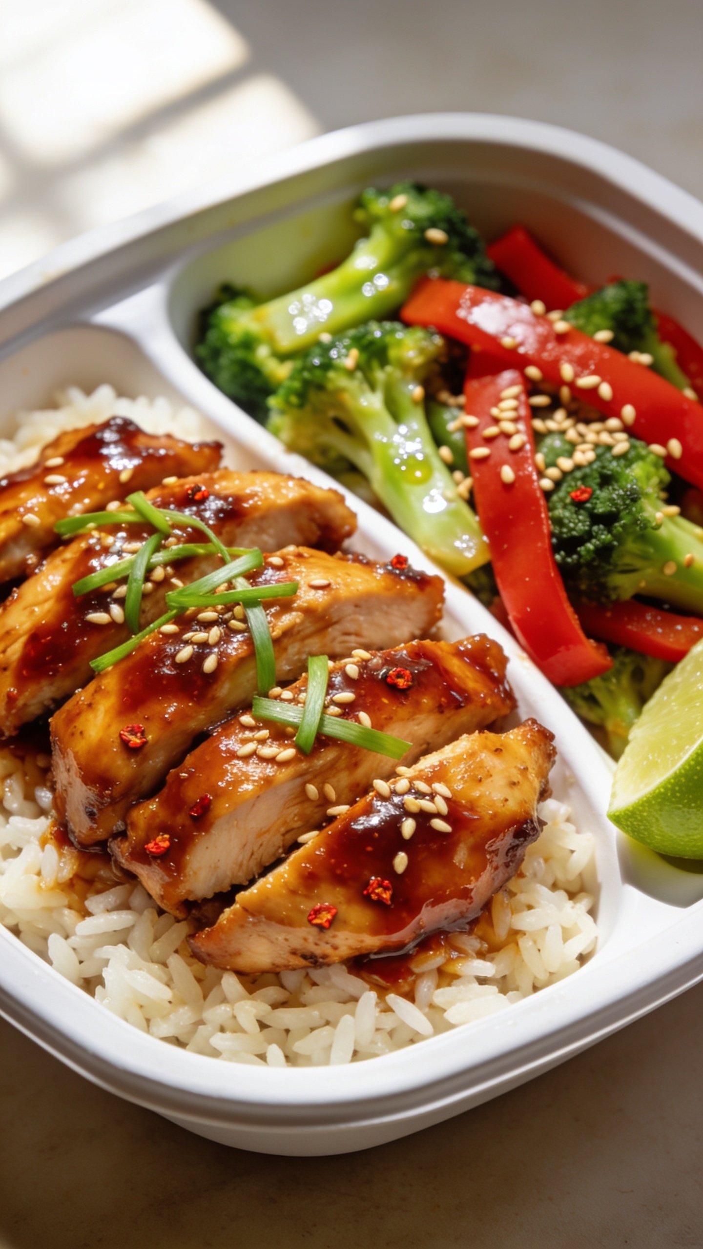 Ultra-close hero shot of High Protein Sweet Chili Chicken meal prep: glossy, caramelized sweet-chili–glazed chicken thigh or breast slices piled over fluffy jasmine rice with a side of crisp-tender broccoli and red bell pepper strips in a shallow white meal-prep bowl (not compartmented), sprinkled with toasted sesame seeds and thinly sliced green onions. Sauce clings and glistens on the chicken, tiny chili flakes visible in the glaze. A lime wedge tucked to the side and a light sheen on the vegetables. Bright natural window light, shallow depth of field, 3/4 overhead angle, food filling 90–95% of frame, premium food-blog styling on a neutral light surface, no text.