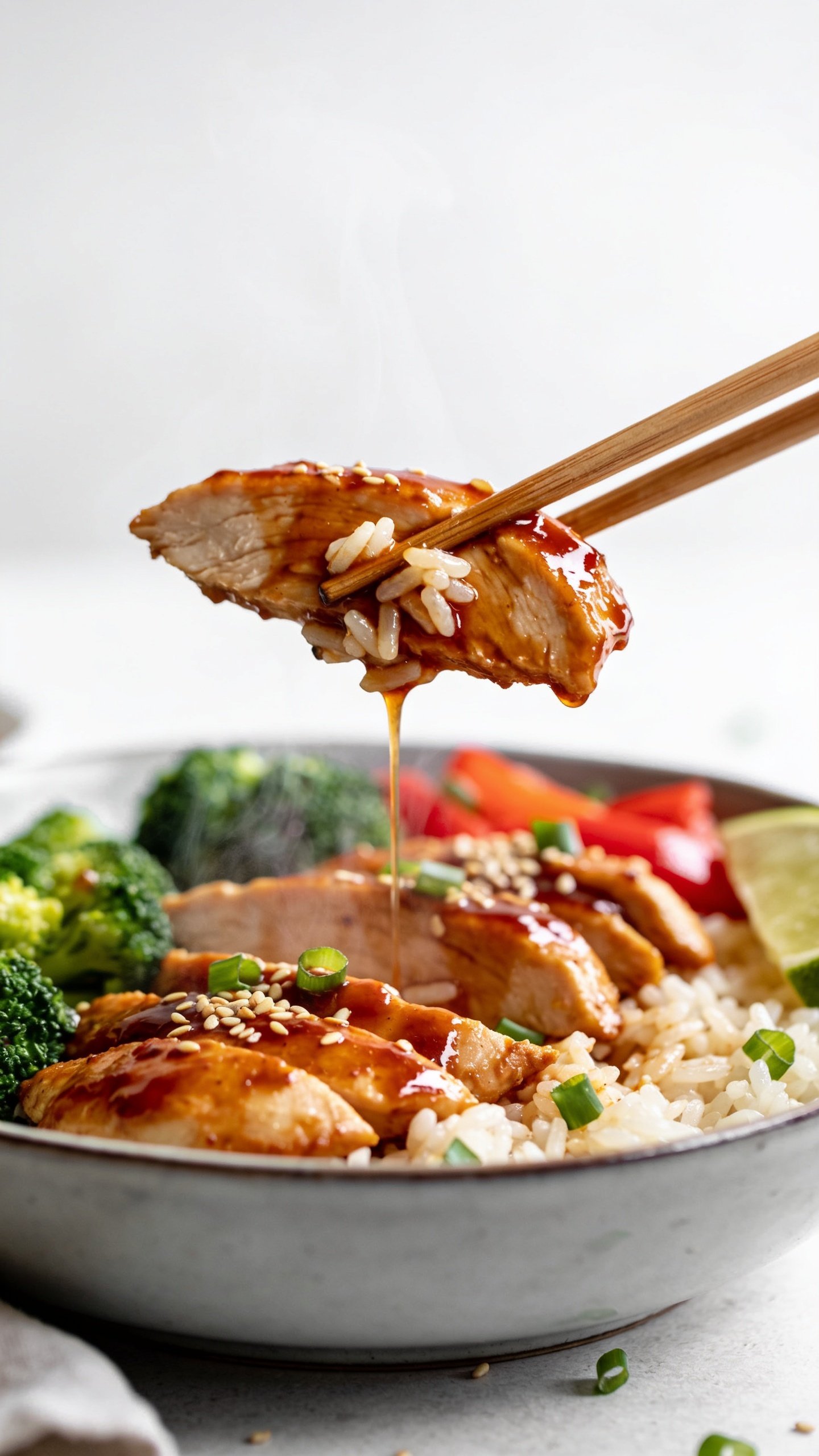 Dynamic action close-up: wooden chopsticks lifting the perfect bite—one glossy sweet-chili–coated chicken slice with a few rice grains clinging, a thread of sticky sauce stretching back to the bowl. Steam subtly rising. In the bowl below: remaining sliced chicken over jasmine rice with vibrant broccoli florets and red bell pepper, sesame seeds and green onions scattered, a hint of lime wedge at the edge. Bright natural light, shallow depth of field focused on the lifted bite, motion frozen one second before the mouth, food filling 90–95% of frame, no hands visible, premium magazine-style capture.