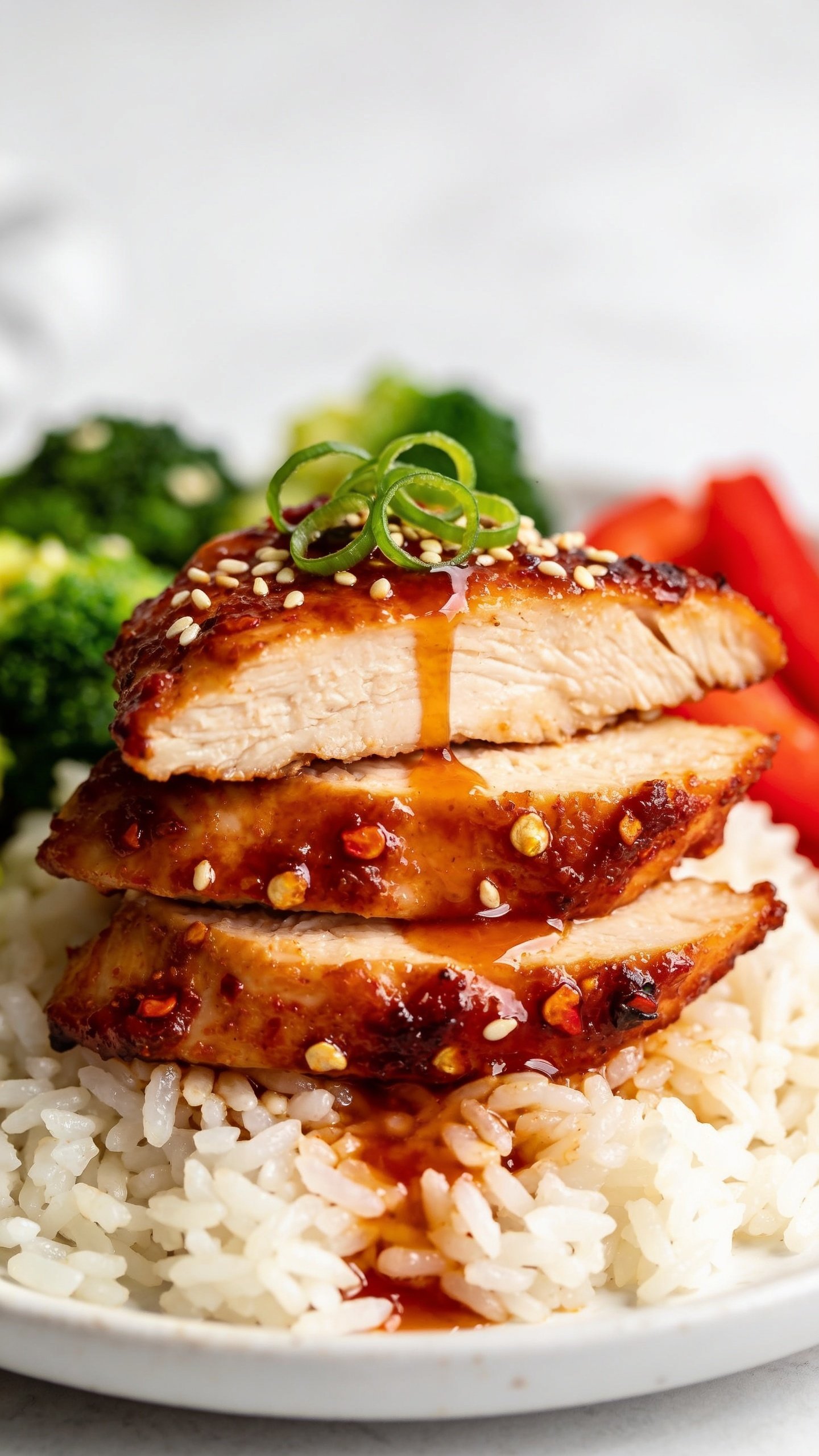 Macro angle change from low side profile: tight close-up of the same plated meal showing stacked slices of sweet-chili chicken resting on jasmine rice, glossy glaze pooling slightly at the base, crispy caramelized edges, visible garlic-chili flecks. Broccoli and red bell pepper peek in the background blur, sesame seeds and green onion curls on top. A tiny drizzle trail of extra sauce across one chicken slice for shine. Bright natural lighting, shallow depth of field, food filling 90–95% of frame, cohesive with the hero image styling.